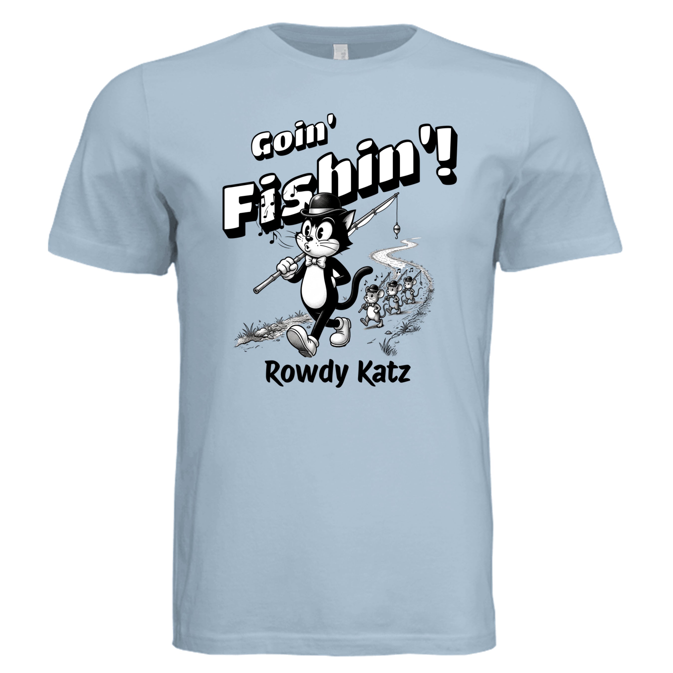 Rowdy Katz Goin Fishin funny cat fishing graphic tee in Light Blue— Stu Borncat Creations