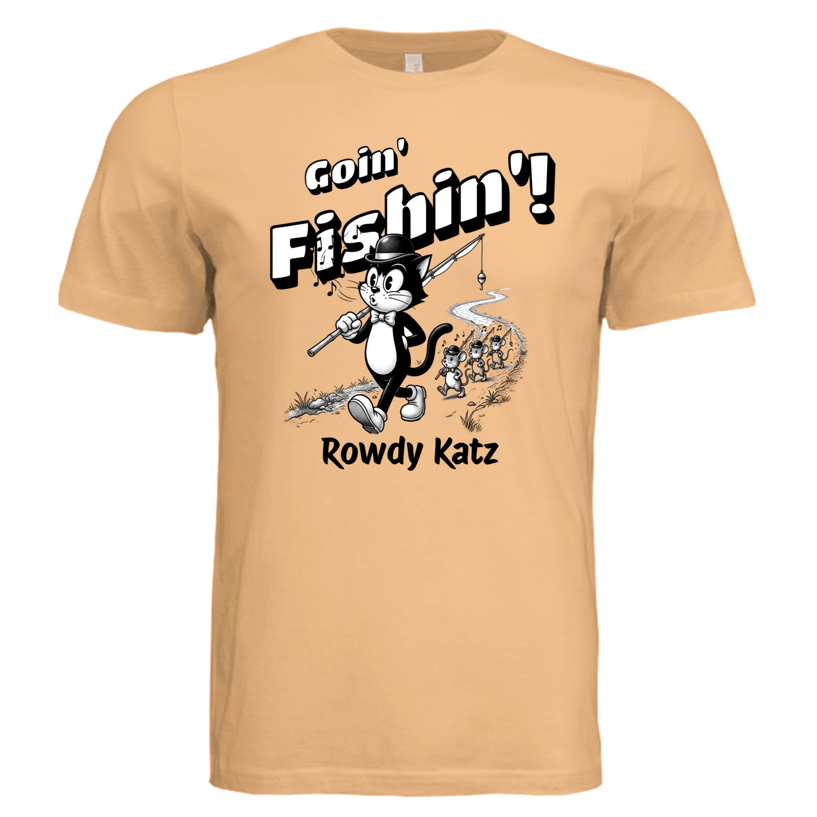 Rowdy Katz Goin Fishin funny cat fishing graphic tee in Peach— Stu Borncat Creations