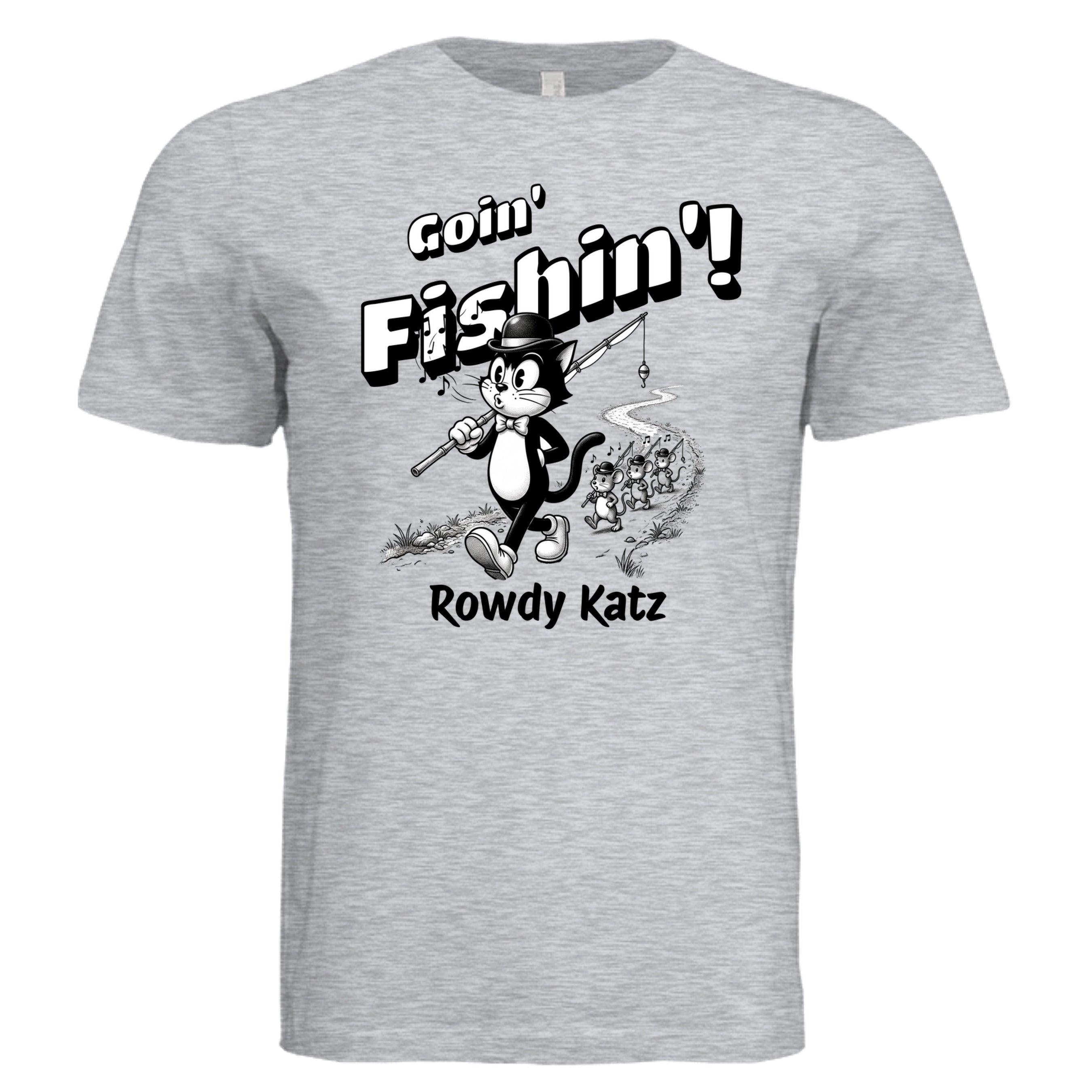 Rowdy Katz Goin Fishin funny cat fishing graphic tee inAsh— Stu Borncat Creations