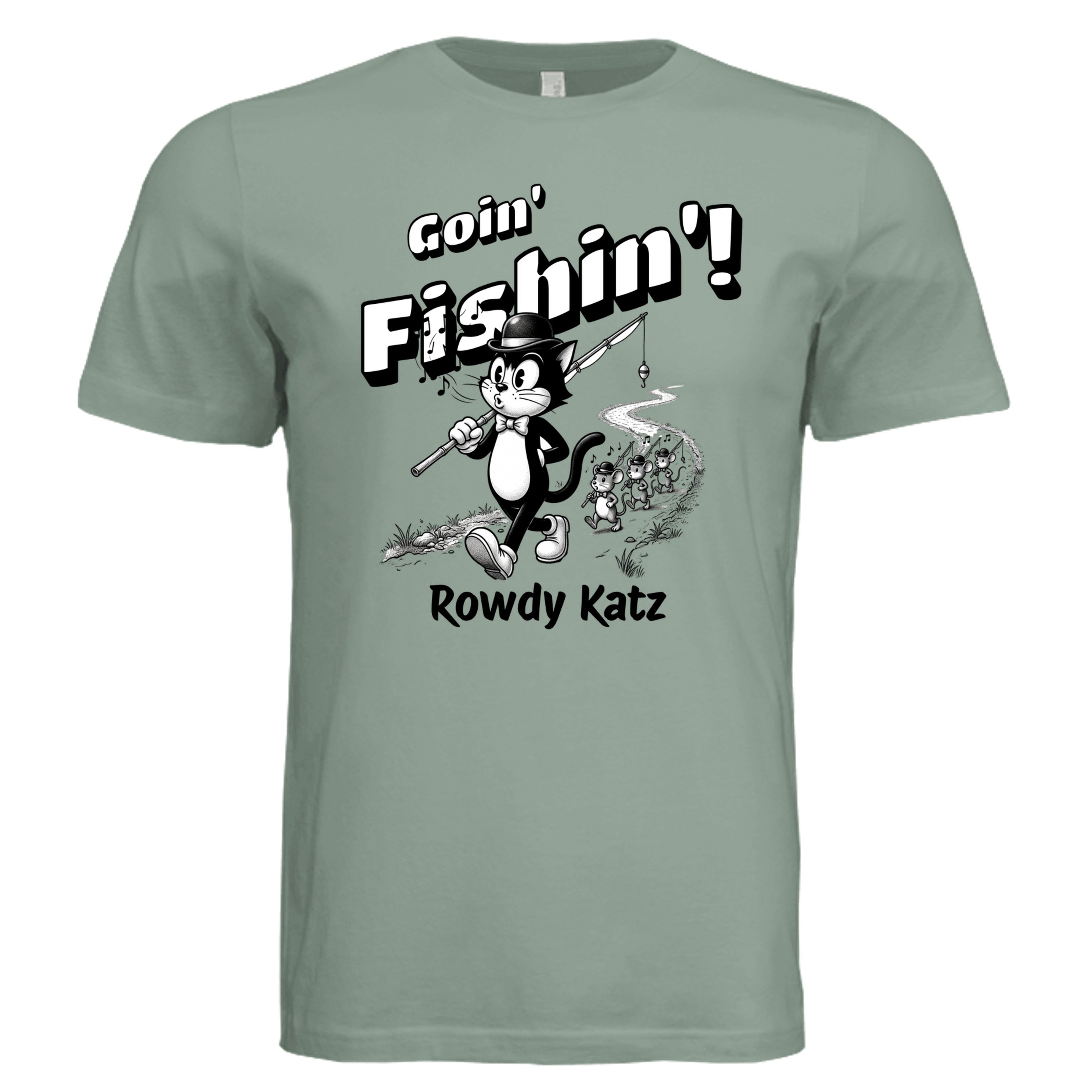 Rowdy Katz Goin Fishin funny cat fishing graphic tee in Sage— Stu Borncat Creations