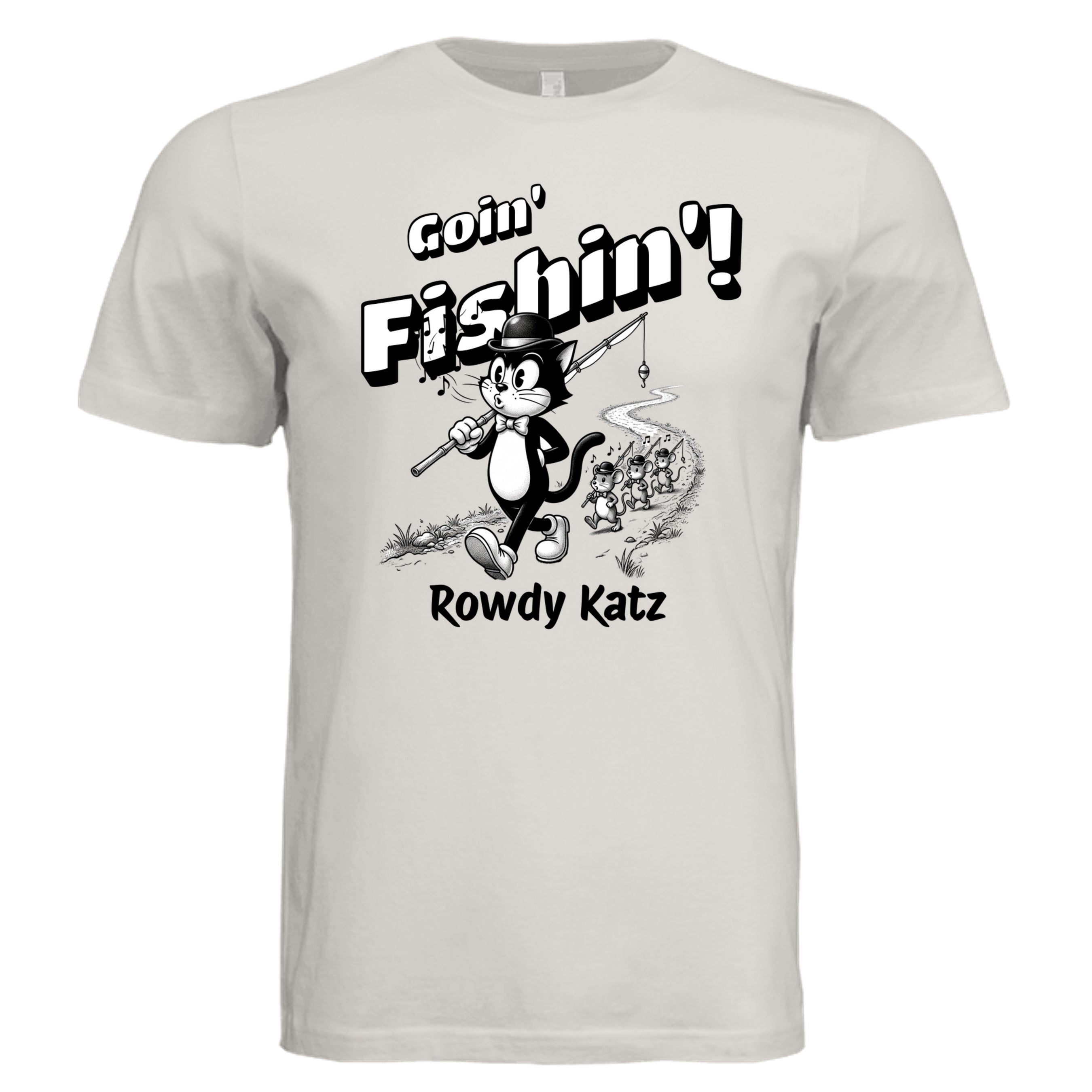 Rowdy Katz Goin Fishin funny cat fishing graphic tee in Vintage White — Stu Borncat Creations