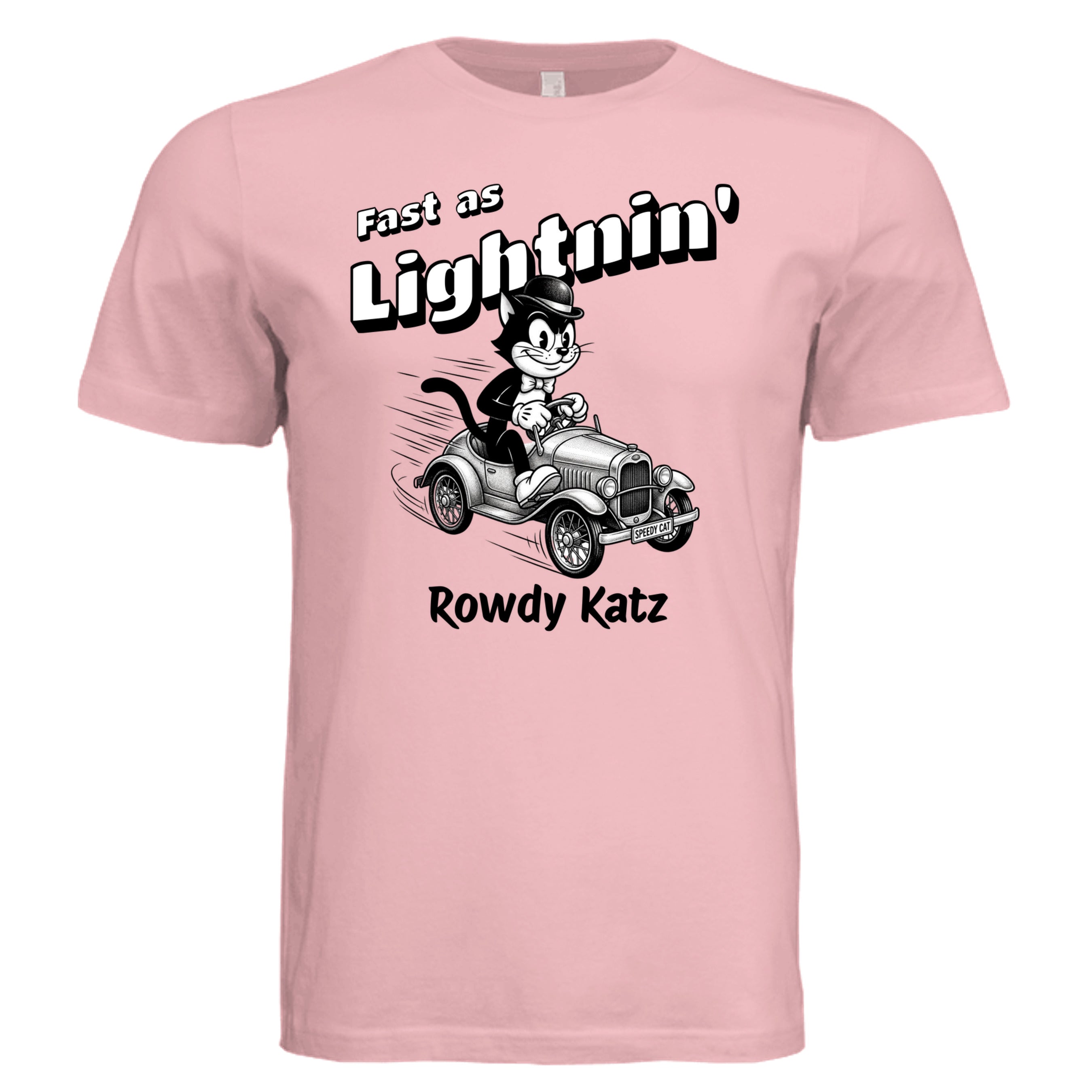 Rowdy Katz Fast as Lightnin funny cat racing graphic tee in Soft Pink— Stu Borncat Creations