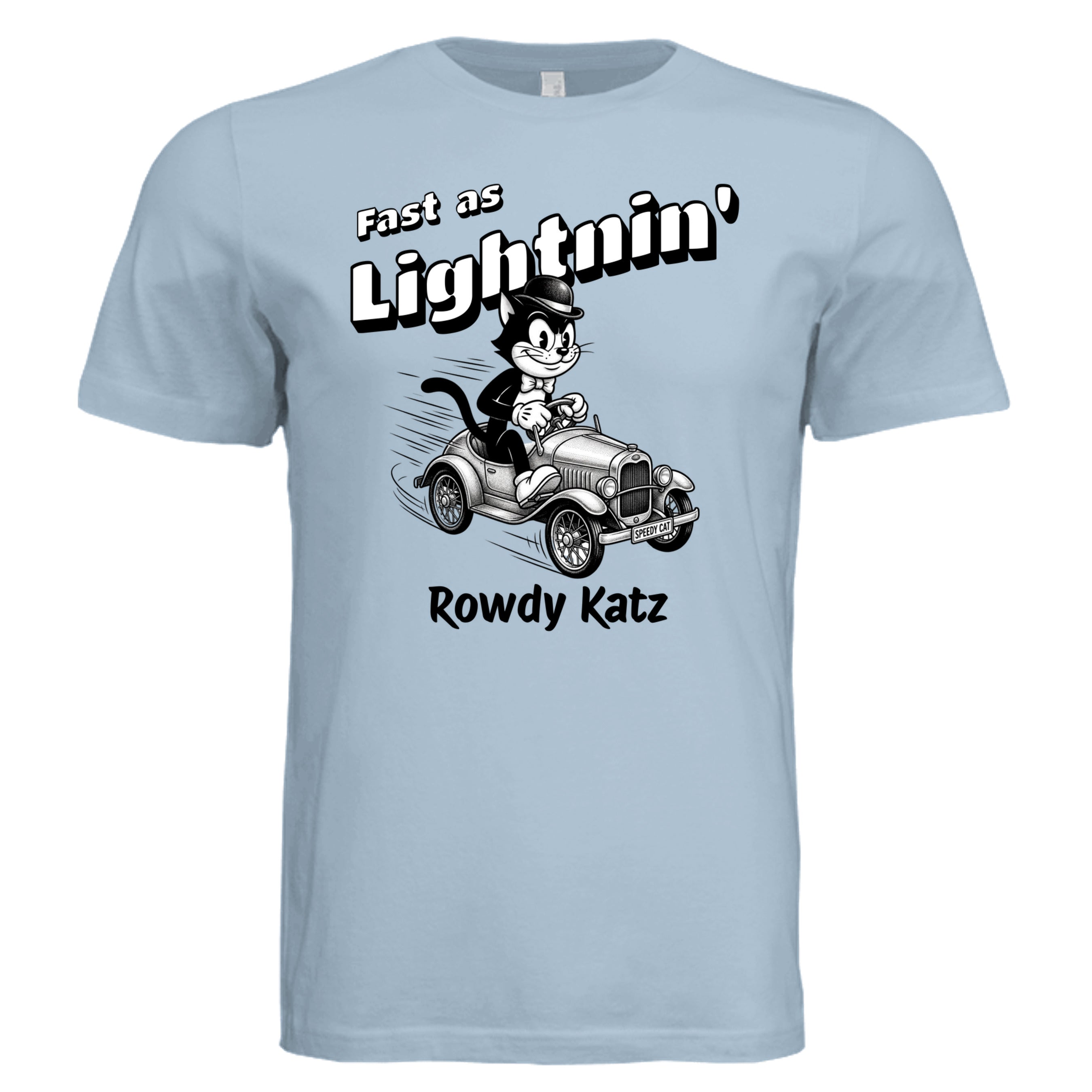 Rowdy Katz Fast as Lightnin funny cat racing graphic tee in Light Blue— Stu Borncat Creations