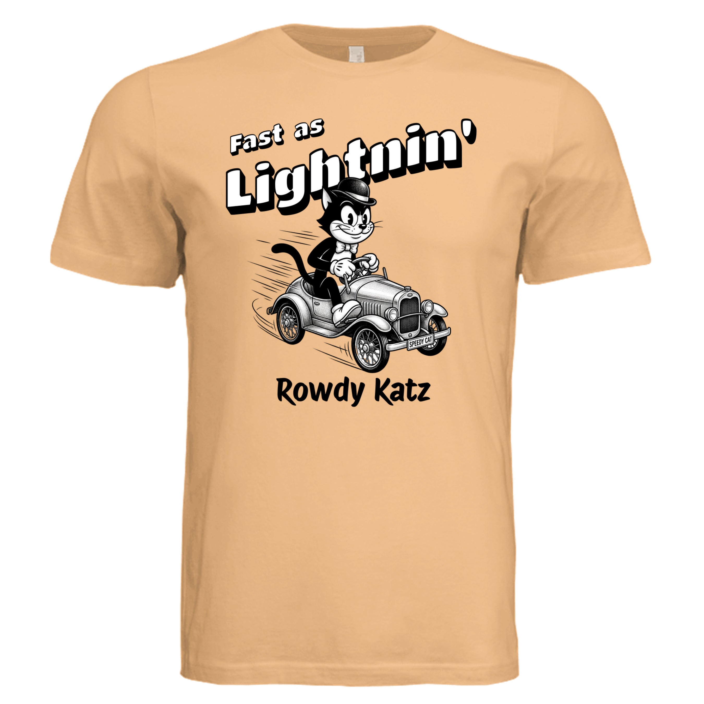 Rowdy Katz Fast as Lightnin funny cat racing graphic tee in Peach — Stu Borncat Creations