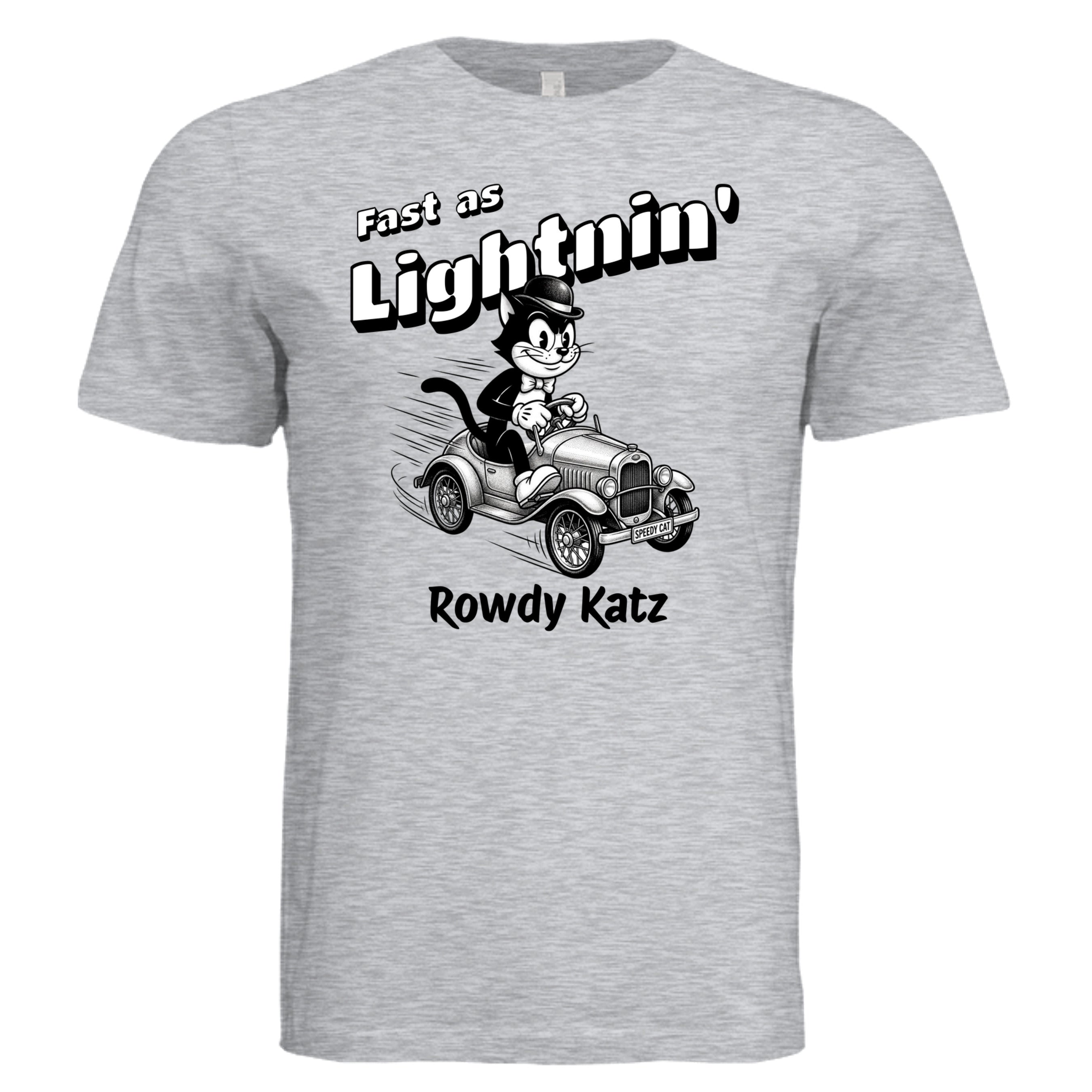 Rowdy Katz Fast as Lightnin funny cat racing graphic tee in Ash — Stu Borncat Creations