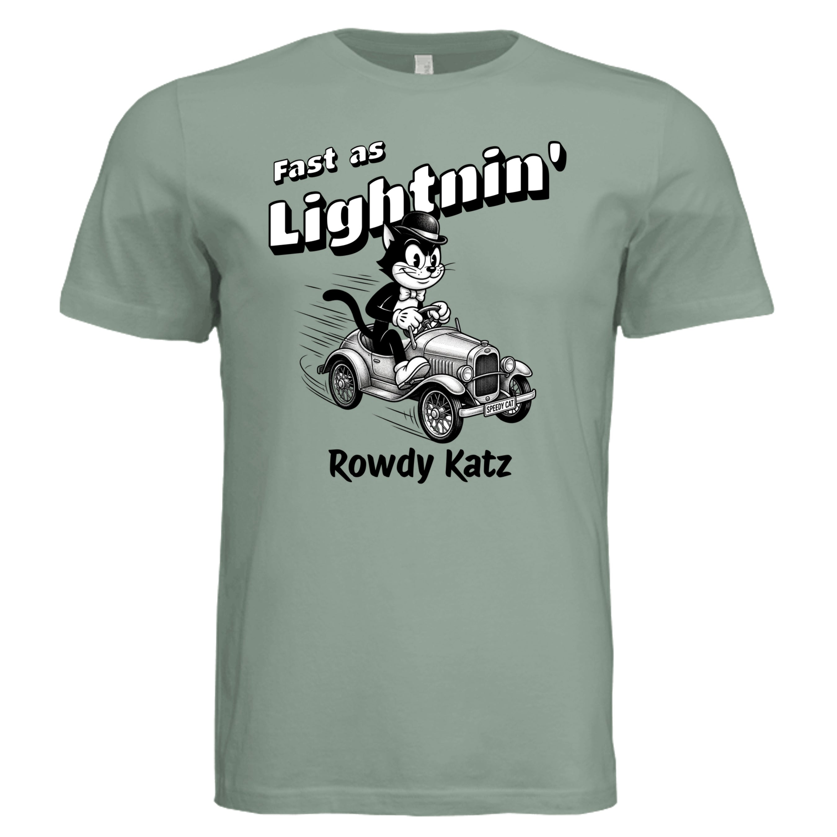 Rowdy Katz Fast as Lightnin funny cat racing graphic tee in Sage — Stu Borncat Creations