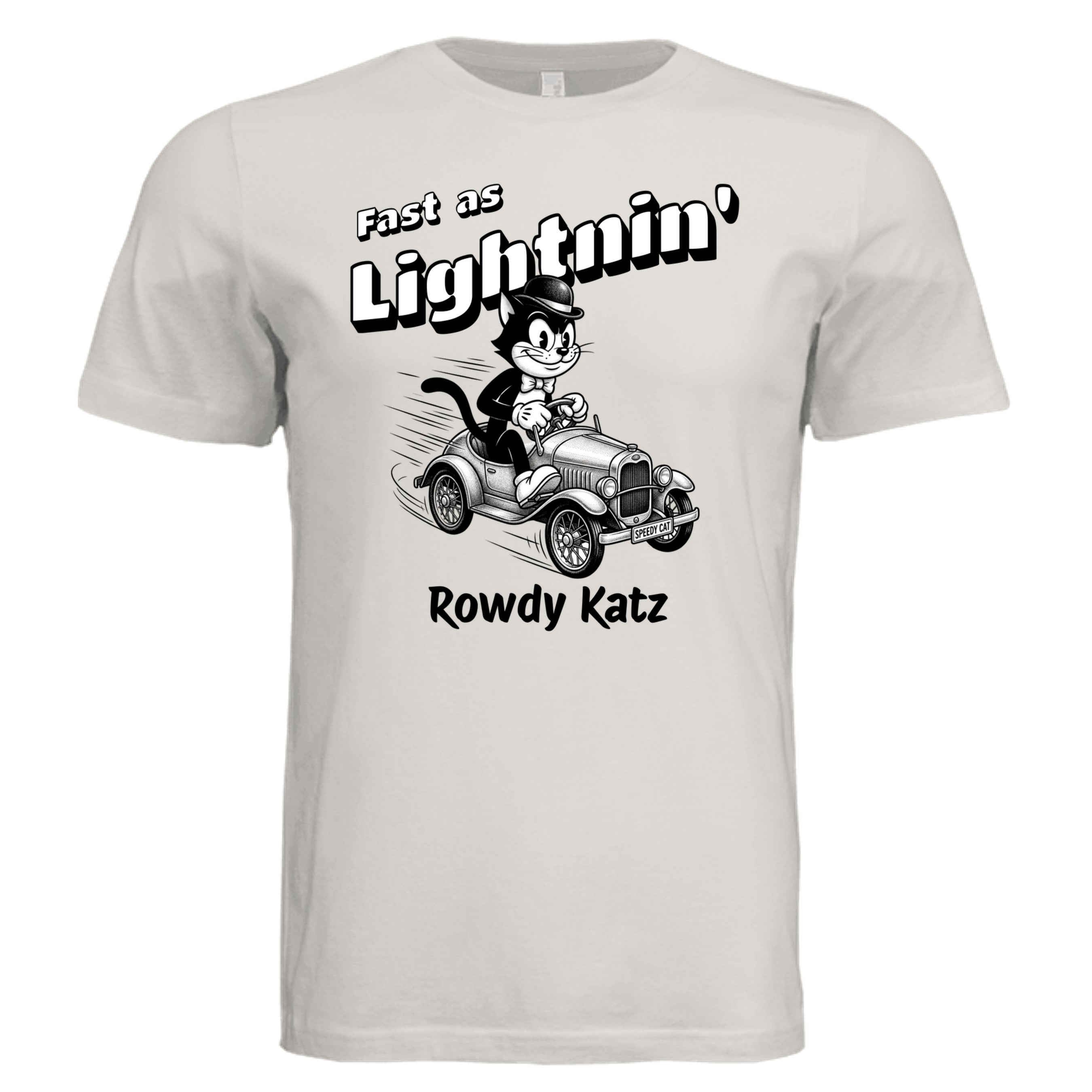 Rowdy Katz Fast as Lightnin funny cat racing graphic tee in Vintage White — Stu Borncat Creations