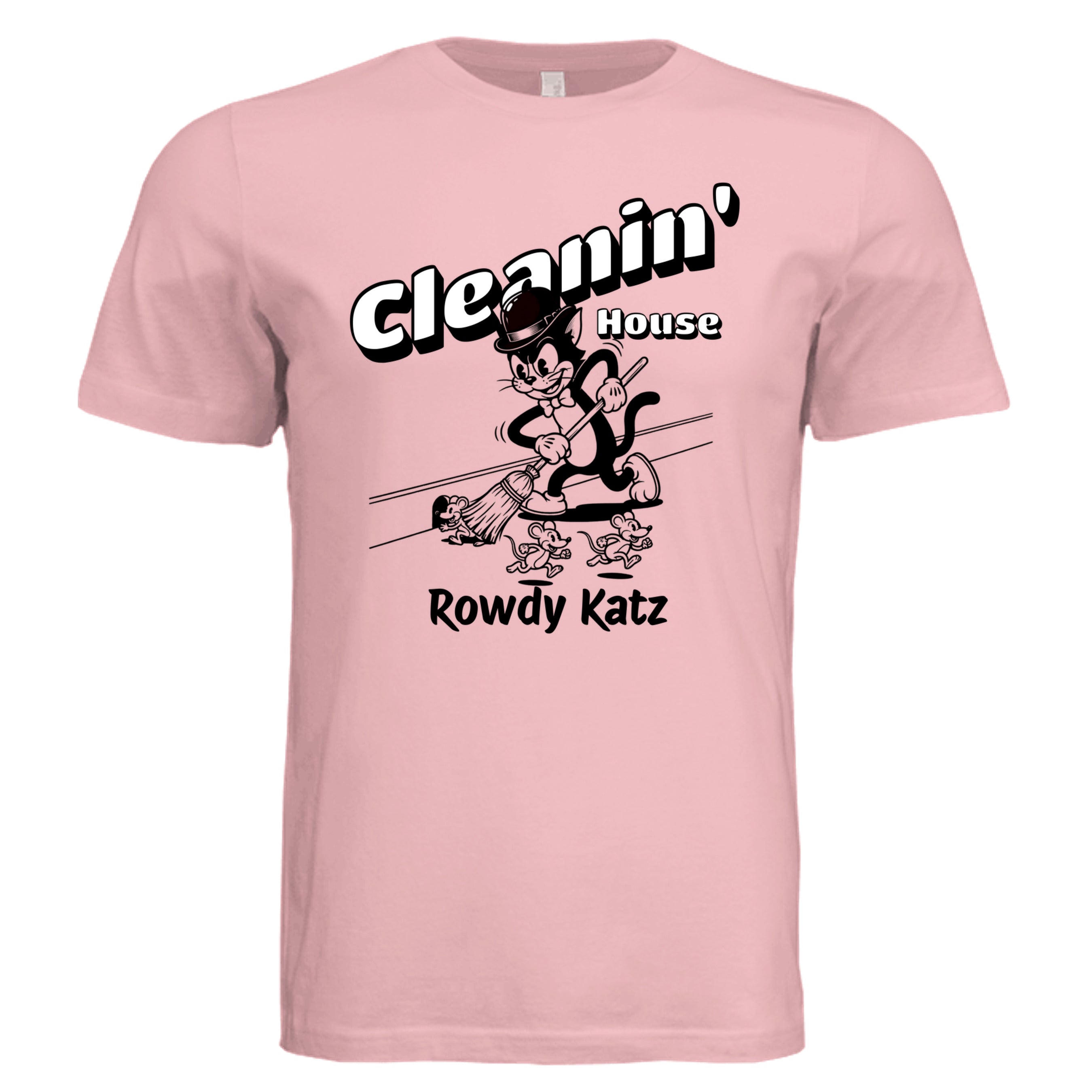 Rowdy Katz Cleanin House funny cat graphic tee in Soft Pink — Stu Borncat Creations