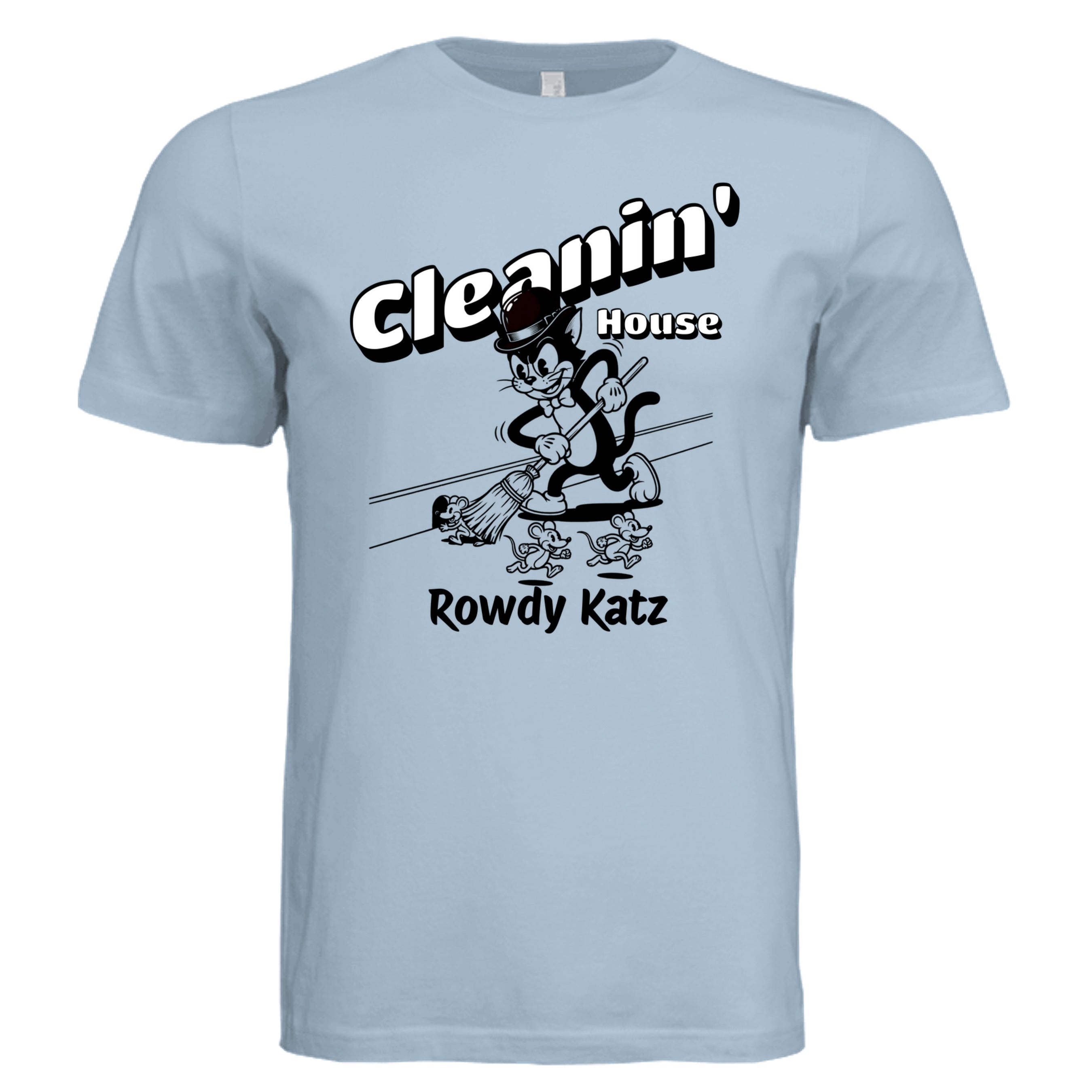 Rowdy Katz Cleanin House funny cat graphic tee in Light Blue — Stu Borncat Creations