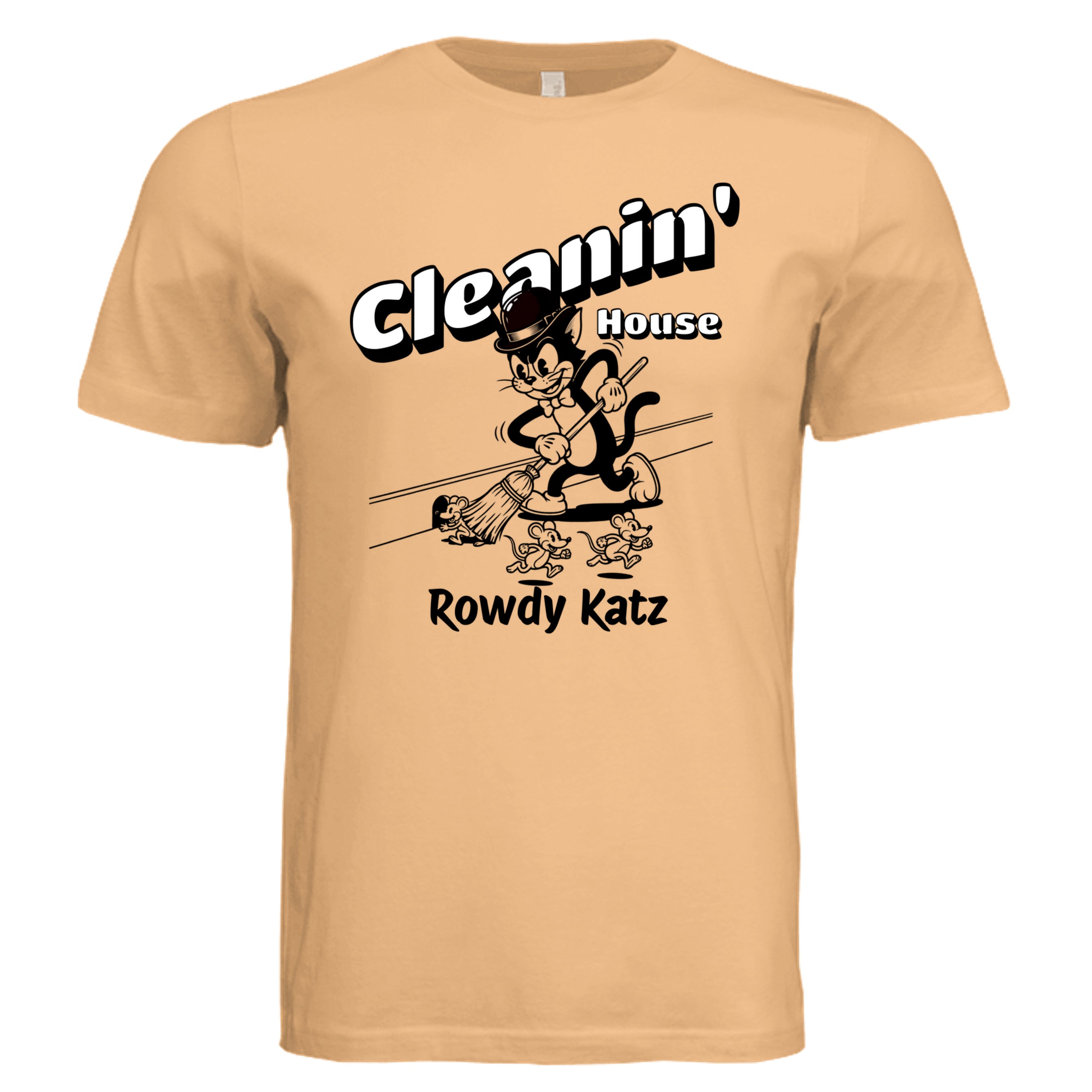 Rowdy Katz Cleanin House funny cat graphic tee in Peach— Stu Borncat Creations