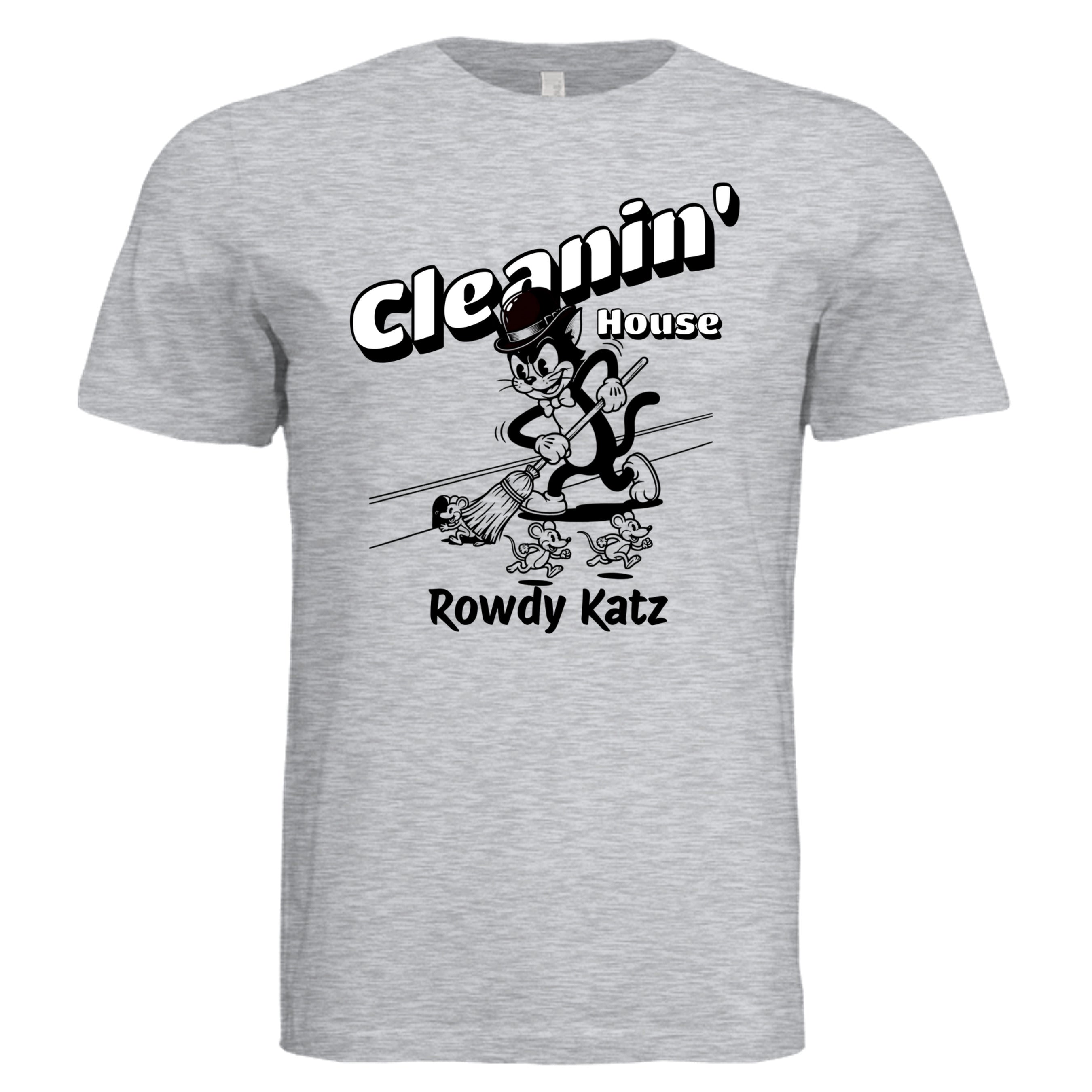 Rowdy Katz Cleanin House funny cat graphic tee in Ash — Stu Borncat Creations