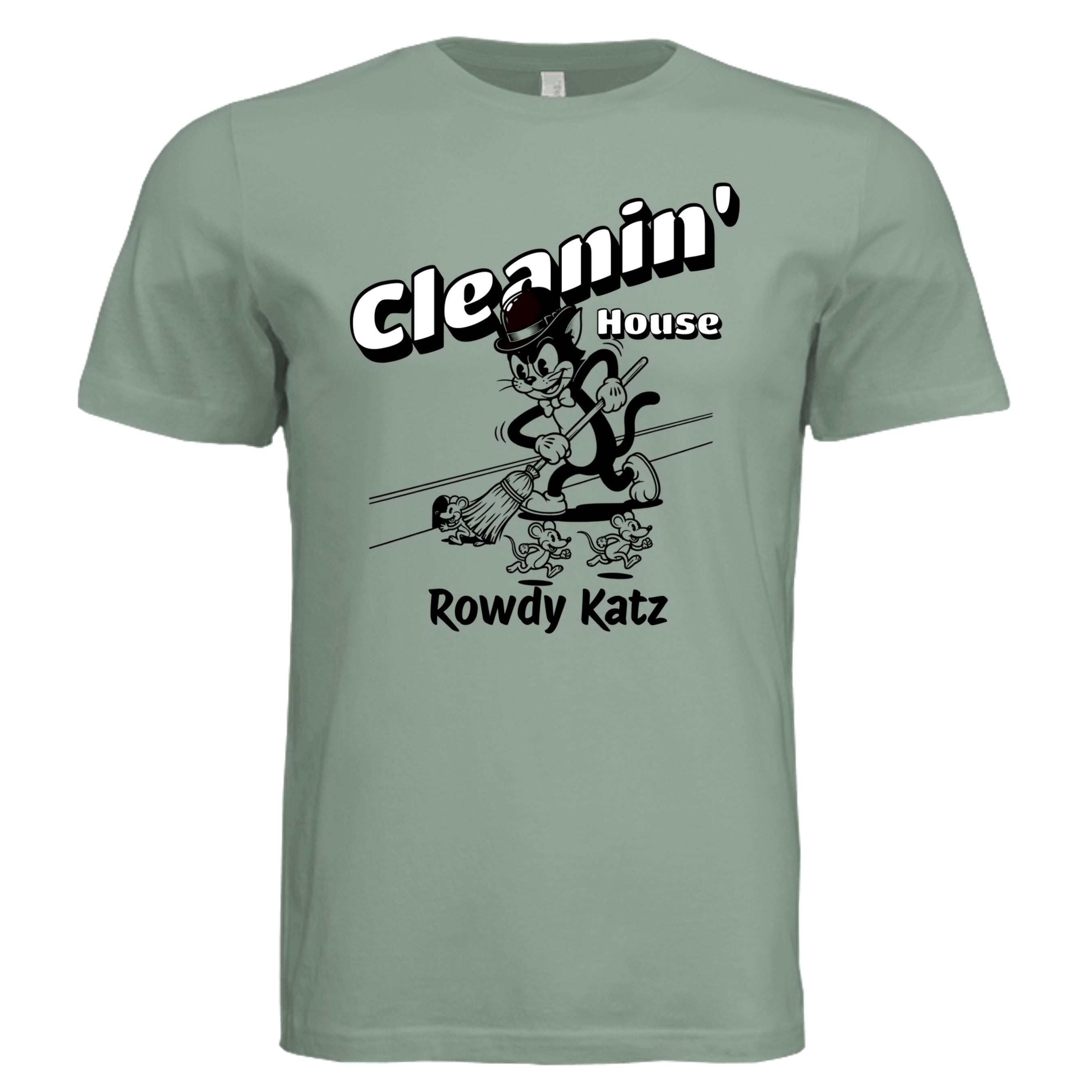 Rowdy Katz Cleanin House funny cat graphic tee in Sage— Stu Borncat Creations