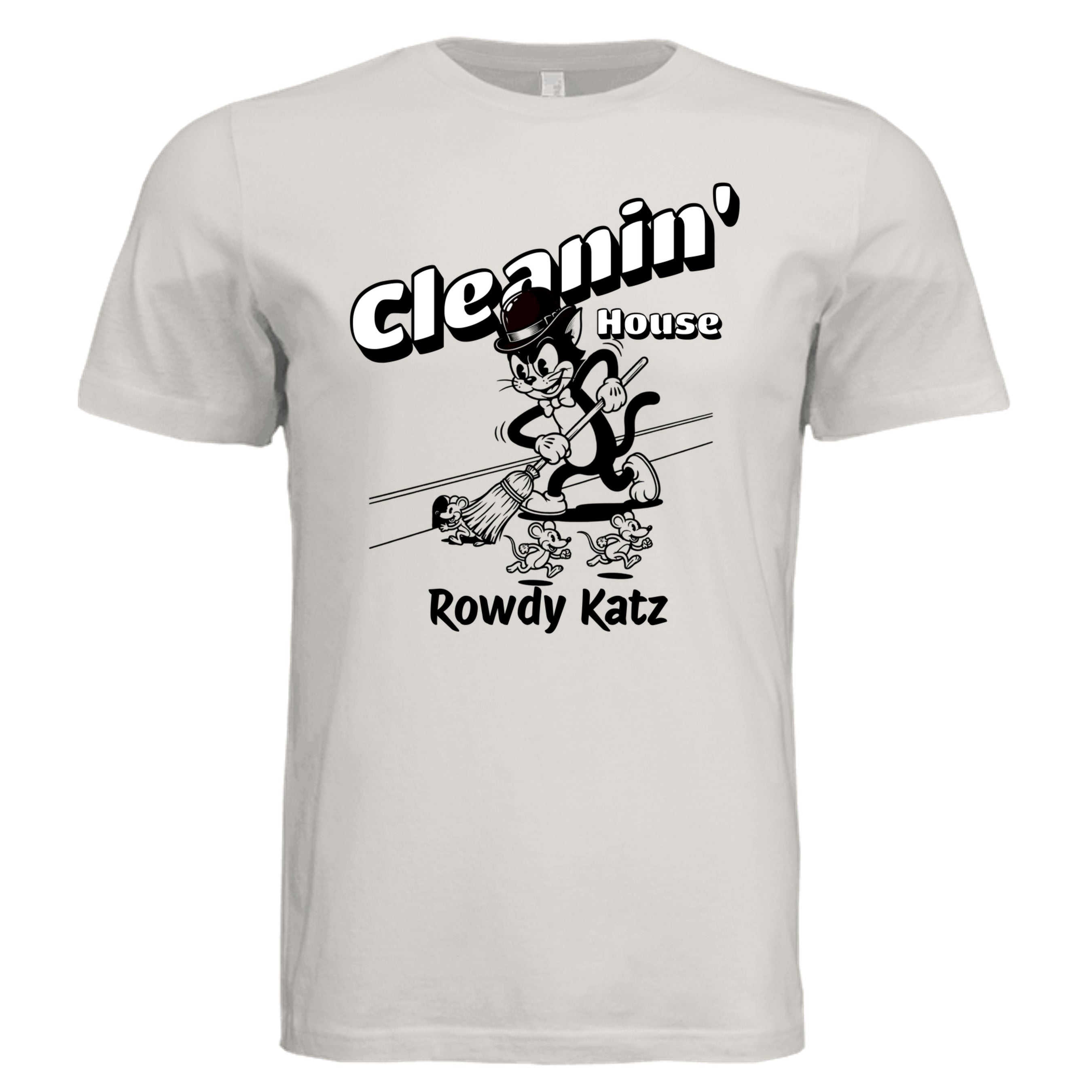 Rowdy Katz Cleanin House funny cat graphic tee in Vintage White — Stu Borncat Creations