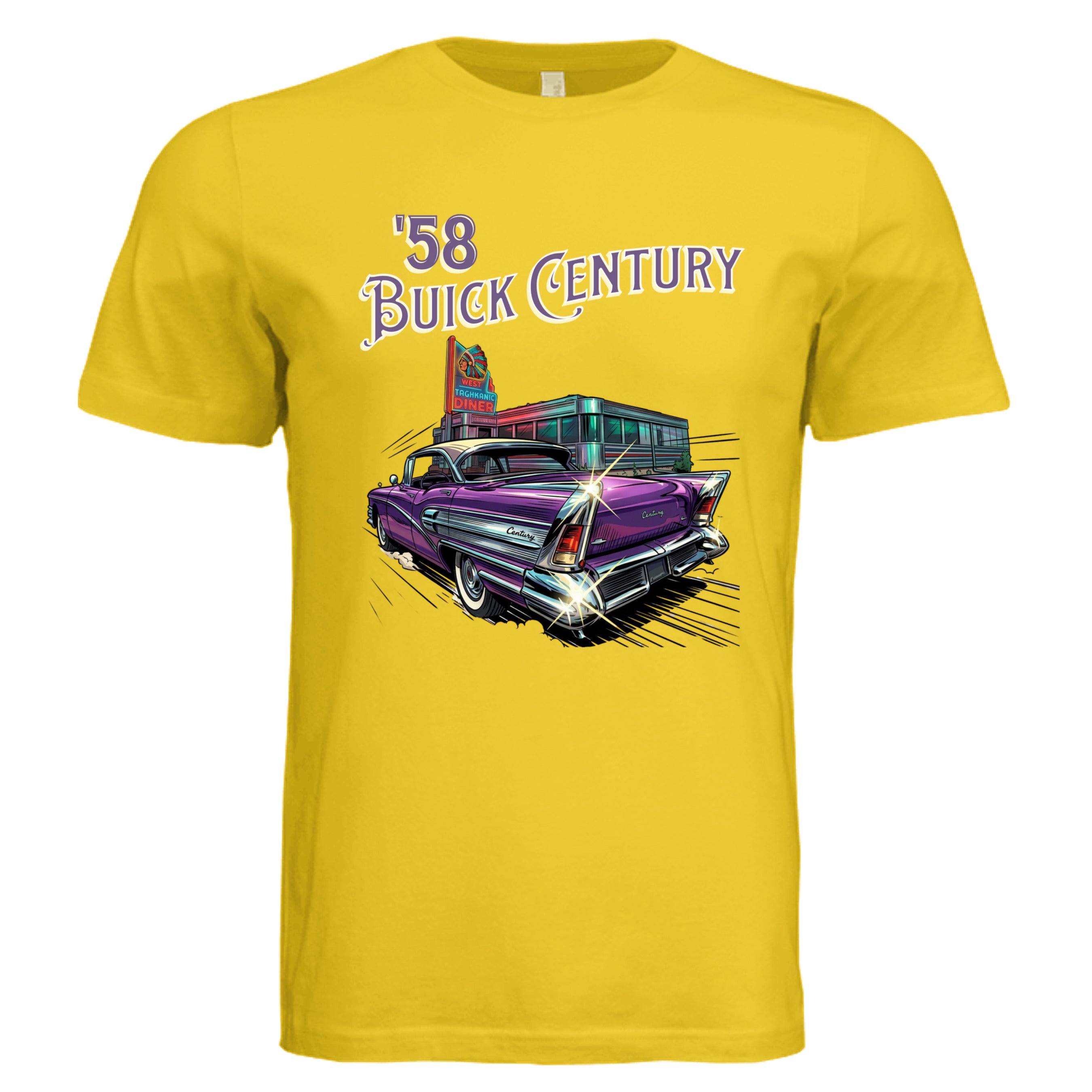 MAIZE YELLOW - 3001C - FRONT-1958 Buick Century comic art car lover graphic tee  — Carz collection by Stu Borncat Creations