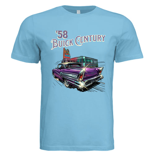 TURQUOISE - 3001C - FRONT 1958 Buick Century comic art car lover graphic tee  — Carz collection by Stu Borncat Creations