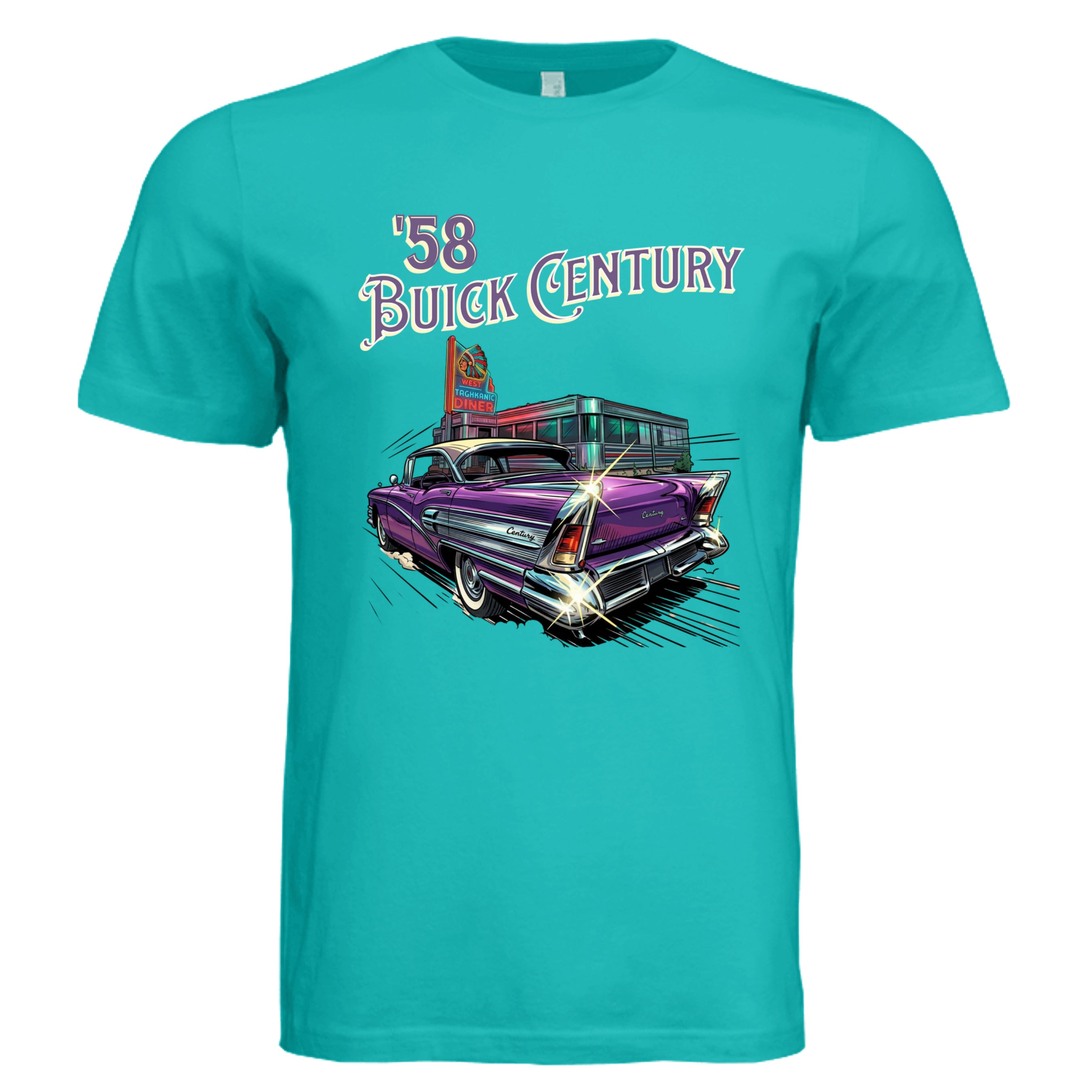 TEAL - 3001C - FRONT-1958 Buick Century comic art car lover graphic tee  — Carz collection by Stu Borncat Creations