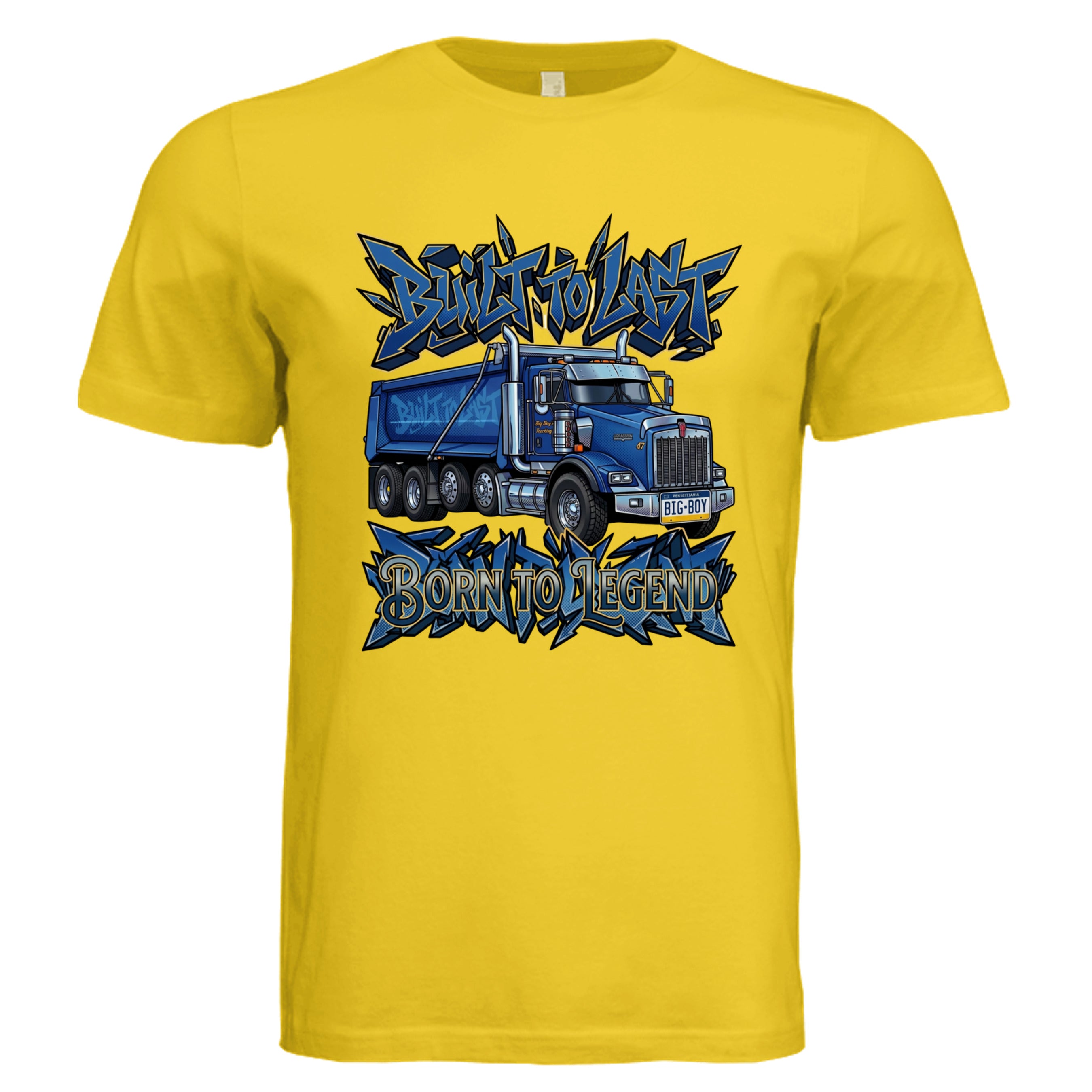 MAIZE YELLOW - 3001C - FRONT-Built to Last comic trucker graphic tee — Carz collection by Stu Borncat Creations
