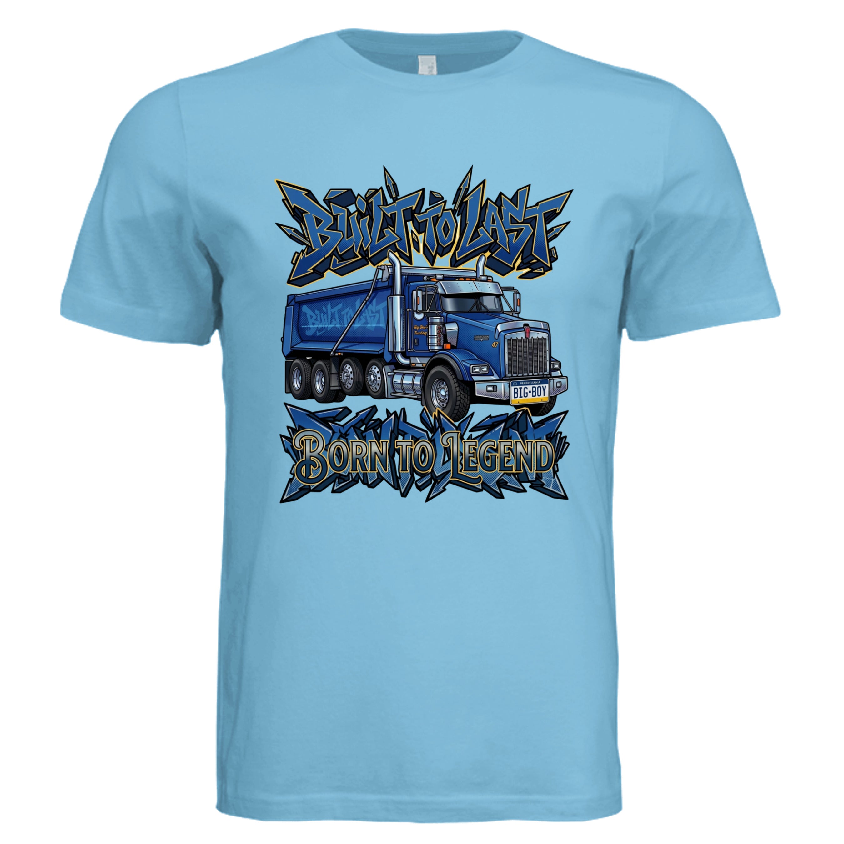 TURQUOISE - 3001C - FRONT-Built to Last comic trucker graphic tee — Carz collection by Stu Borncat Creations