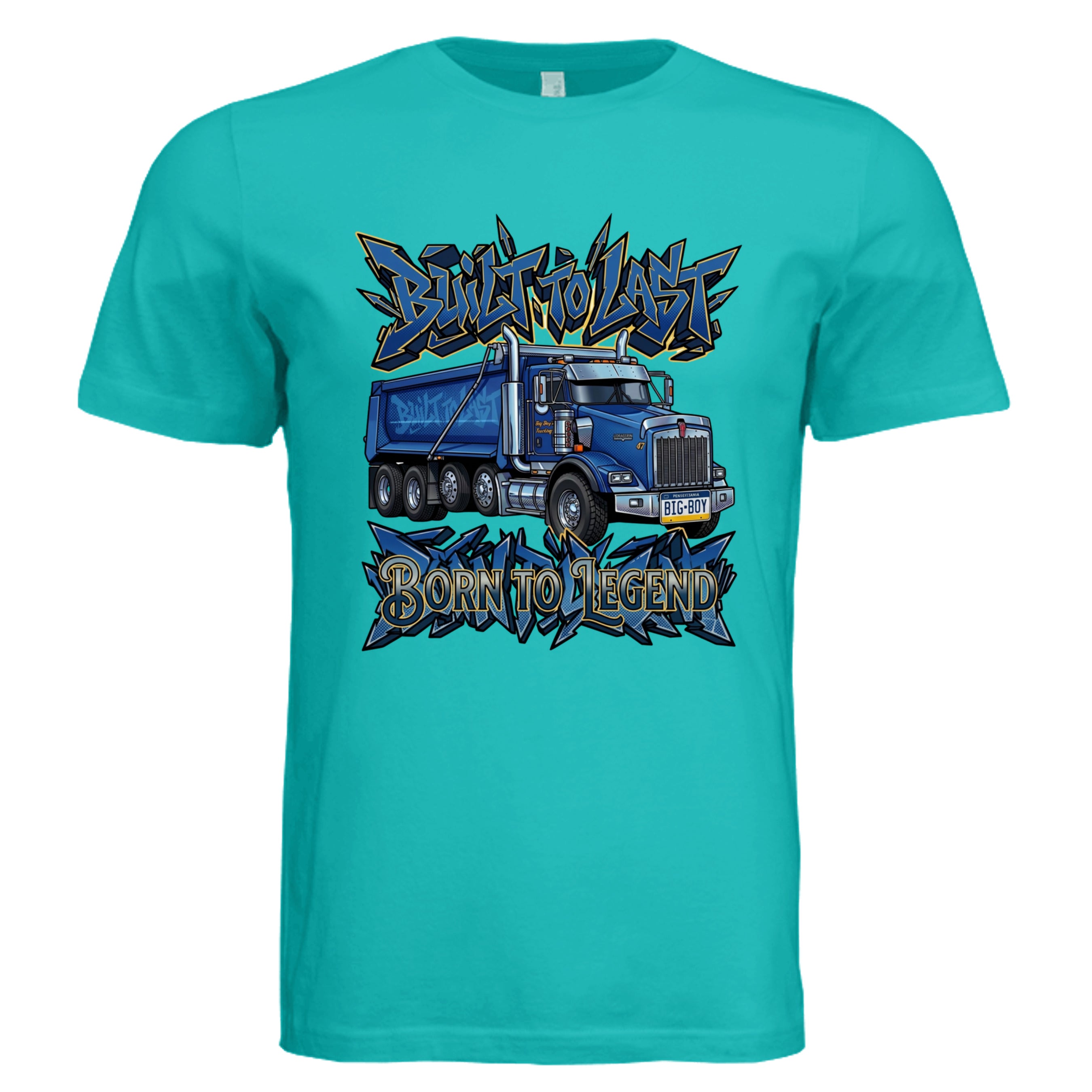 TEAL - 3001C - FRONT-Built to Last comic trucker graphic tee — Carz collection by Stu Borncat Creations