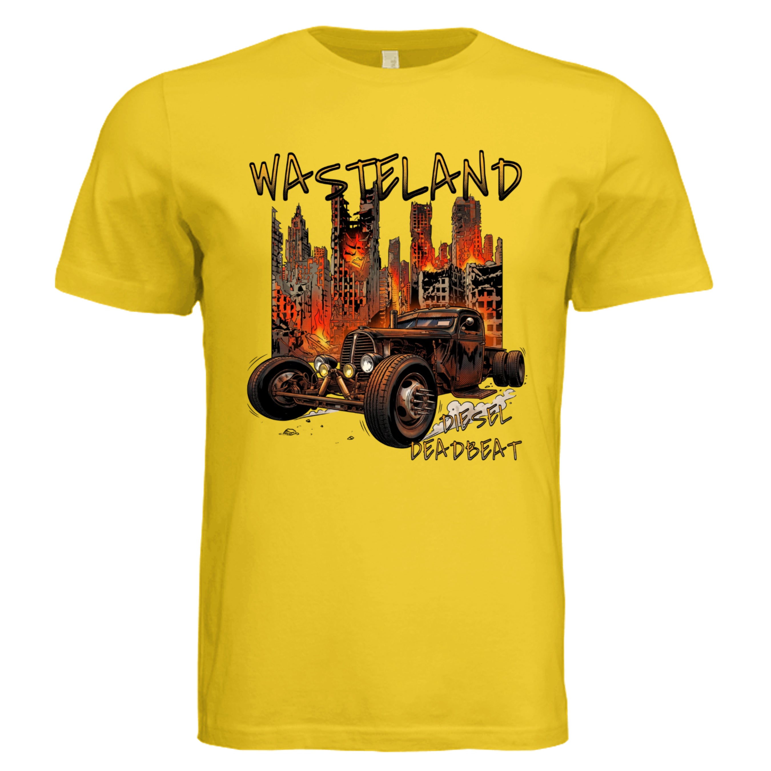 MAIZE YELLOW - 3001C - FRONT-Diesel Deadbeat rat rod comic trucker graphic tee — Carz collection by Stu Borncat Creations