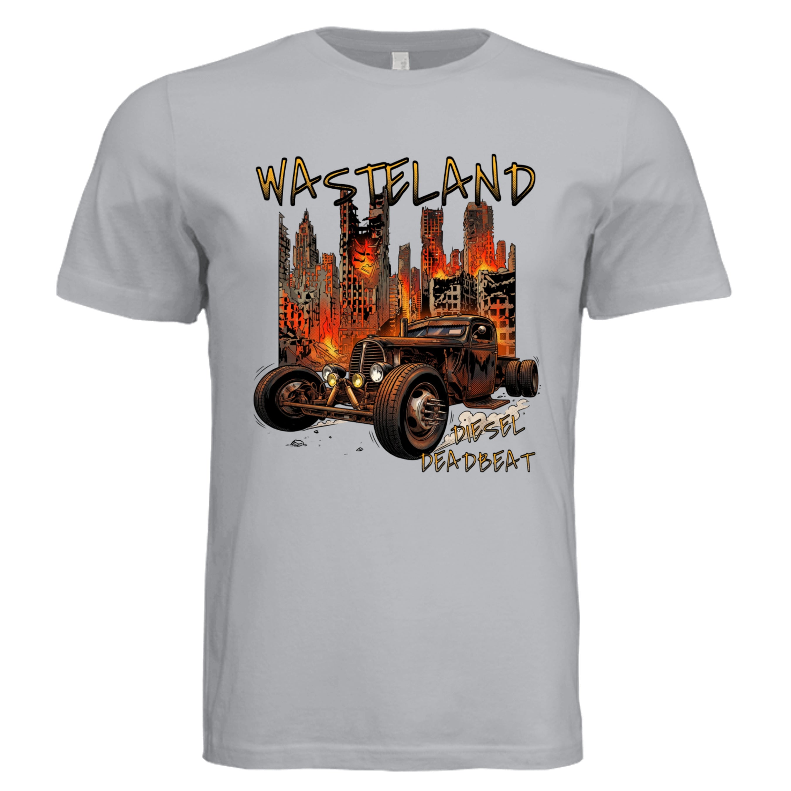 Solid Athletic Grey - 3001C - FRONT-Diesel Deadbeat rat rod comic trucker graphic tee — Carz collection by Stu Borncat Creations