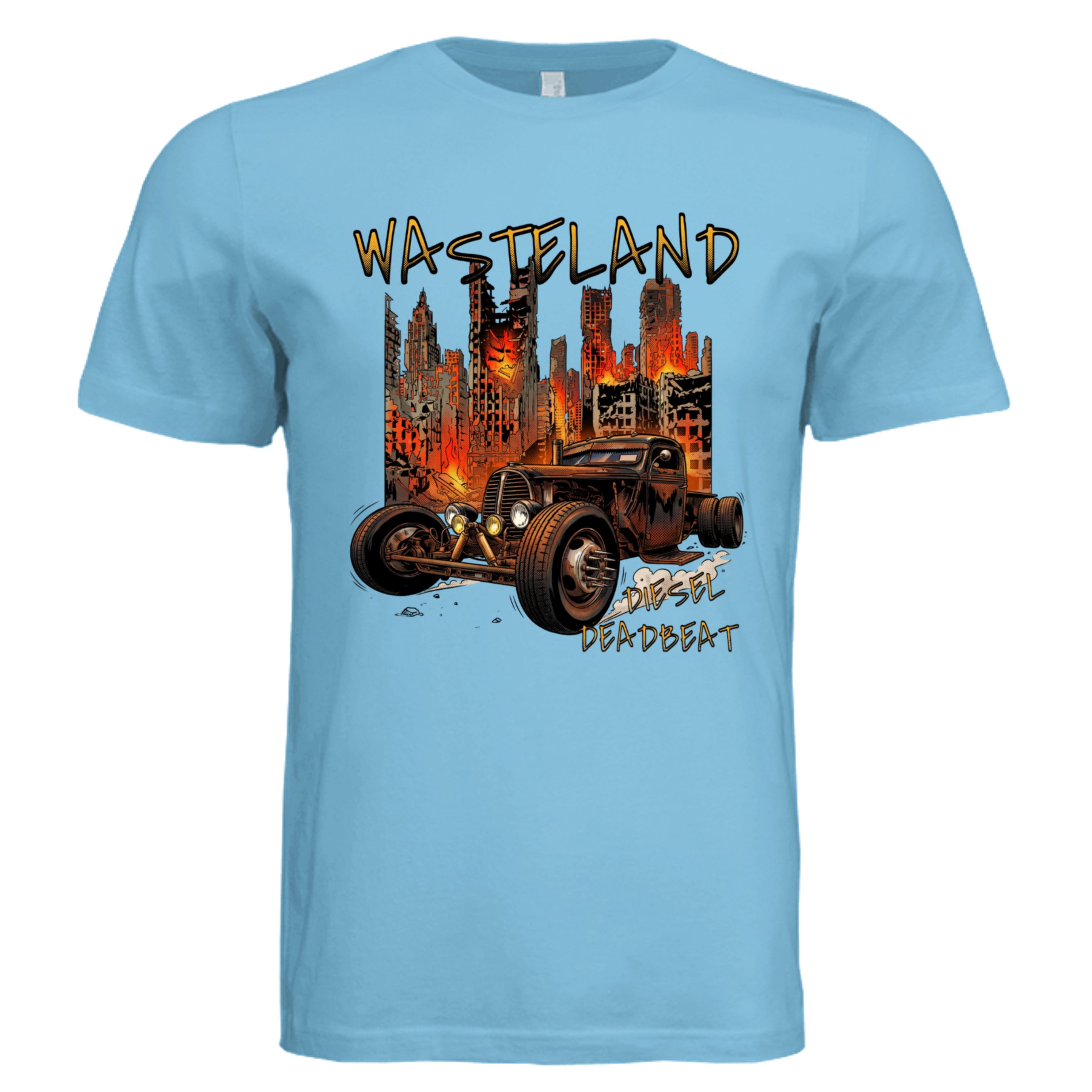 TURQUOISE - 3001C - FRONT-Diesel Deadbeat rat rod comic trucker graphic tee — Carz collection by Stu Borncat Creations