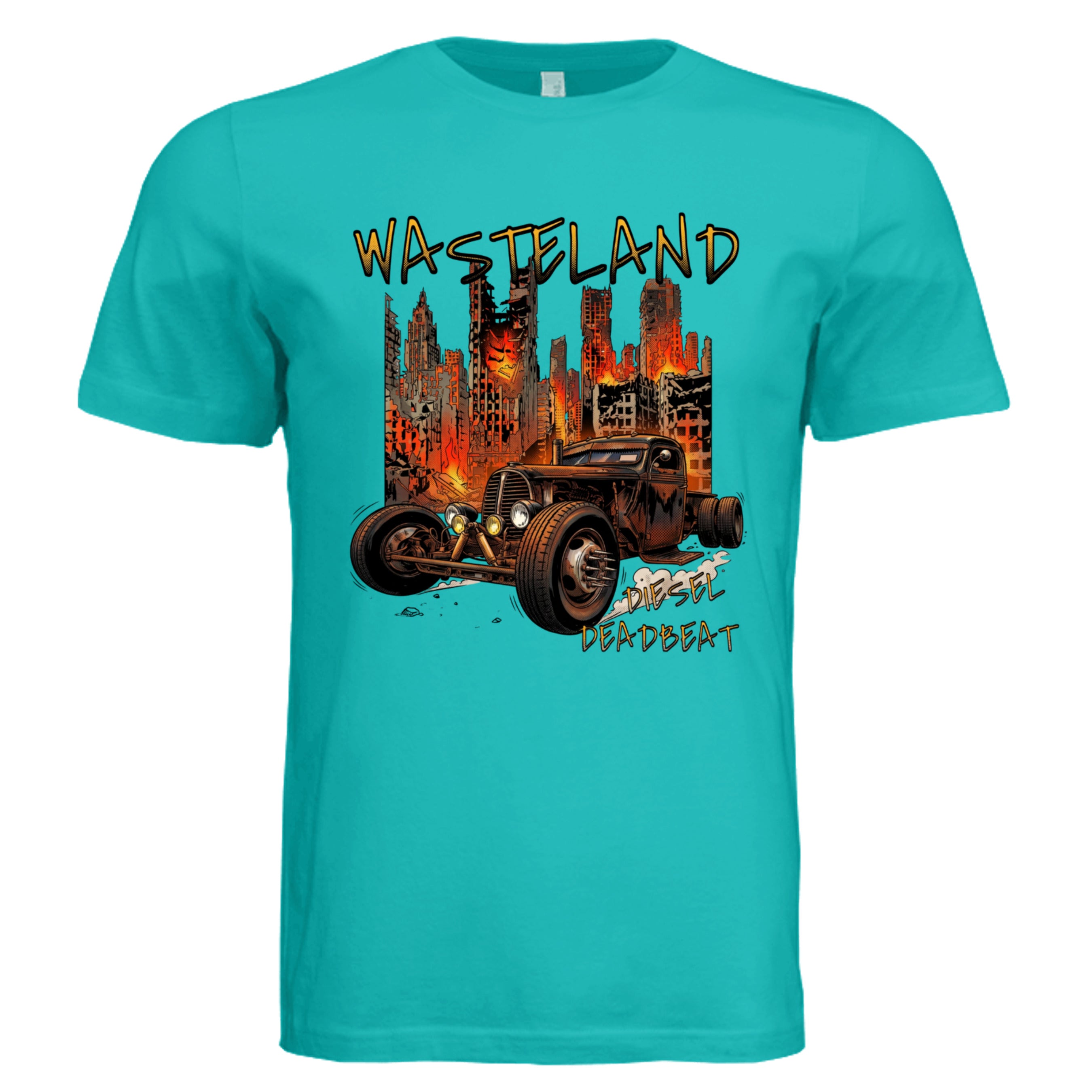 TEAL - 3001C - FRONT-Diesel Deadbeat rat rod comic trucker graphic tee — Carz collection by Stu Borncat Creations