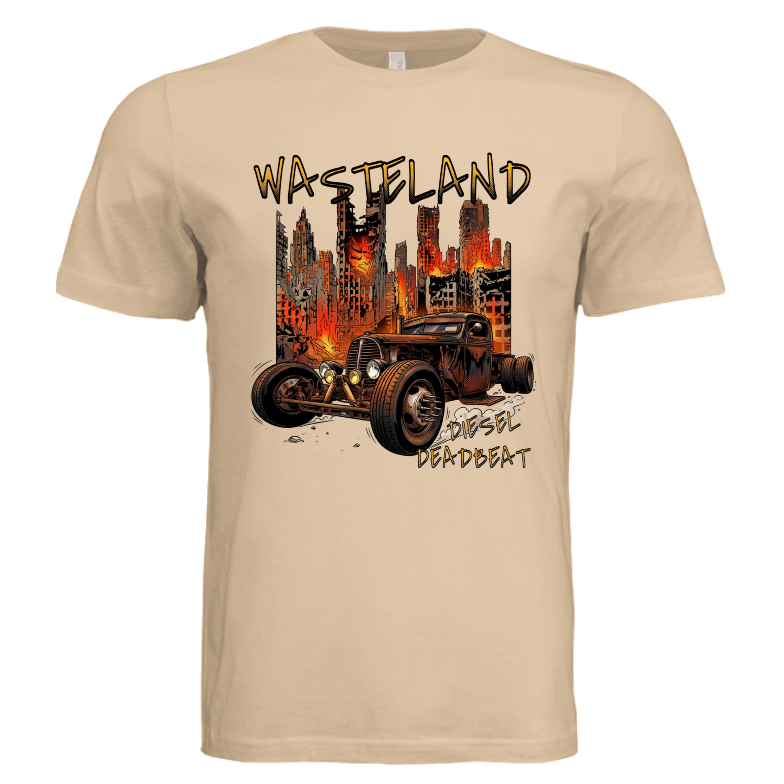 Sand Dune - 3001C - FRONT-Diesel Deadbeat rat rod comic trucker graphic tee — Carz collection by Stu Borncat Creations