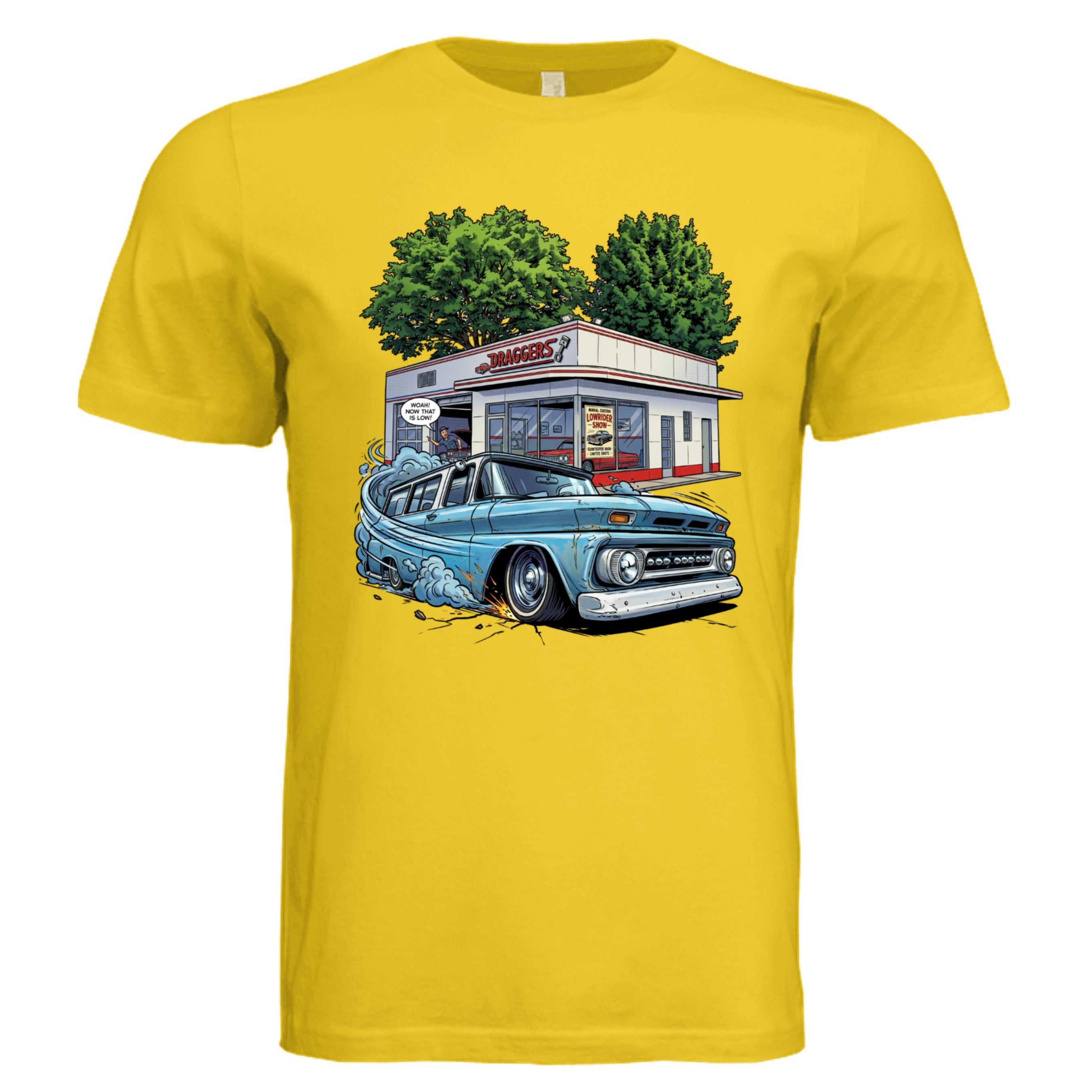 MAIZE YELLOW - 3001C - FRONT Draggers lowrider comic car lover graphic tee  — Carz collection by Stu Borncat Creations-