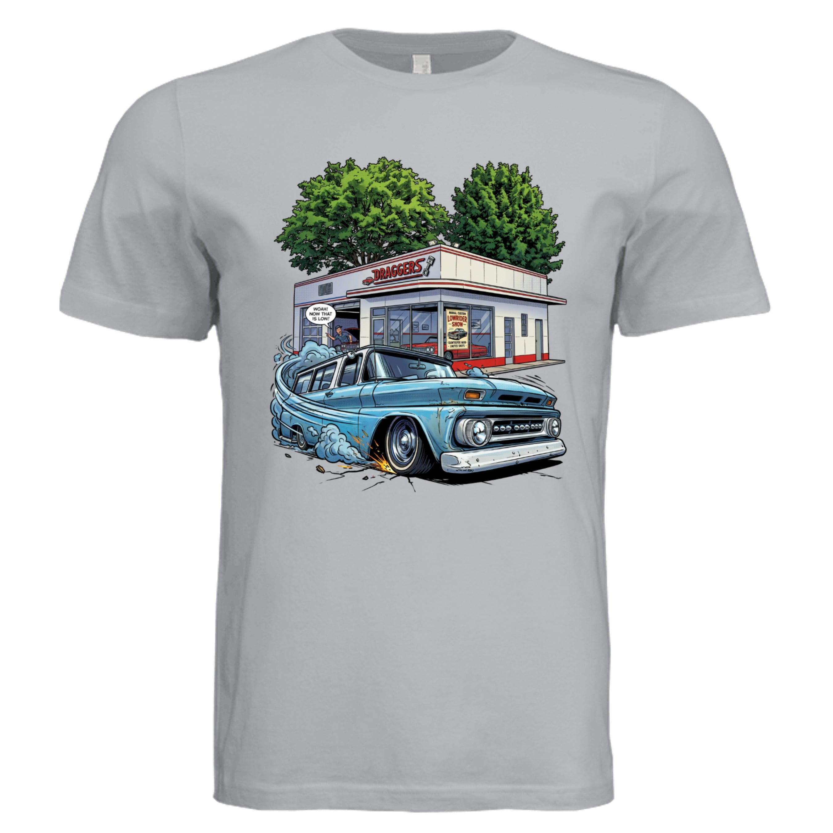 Solid Athletic Grey - 3001C - FRONT- Draggers lowrider comic car lover graphic tee  — Carz collection by Stu Borncat Creations