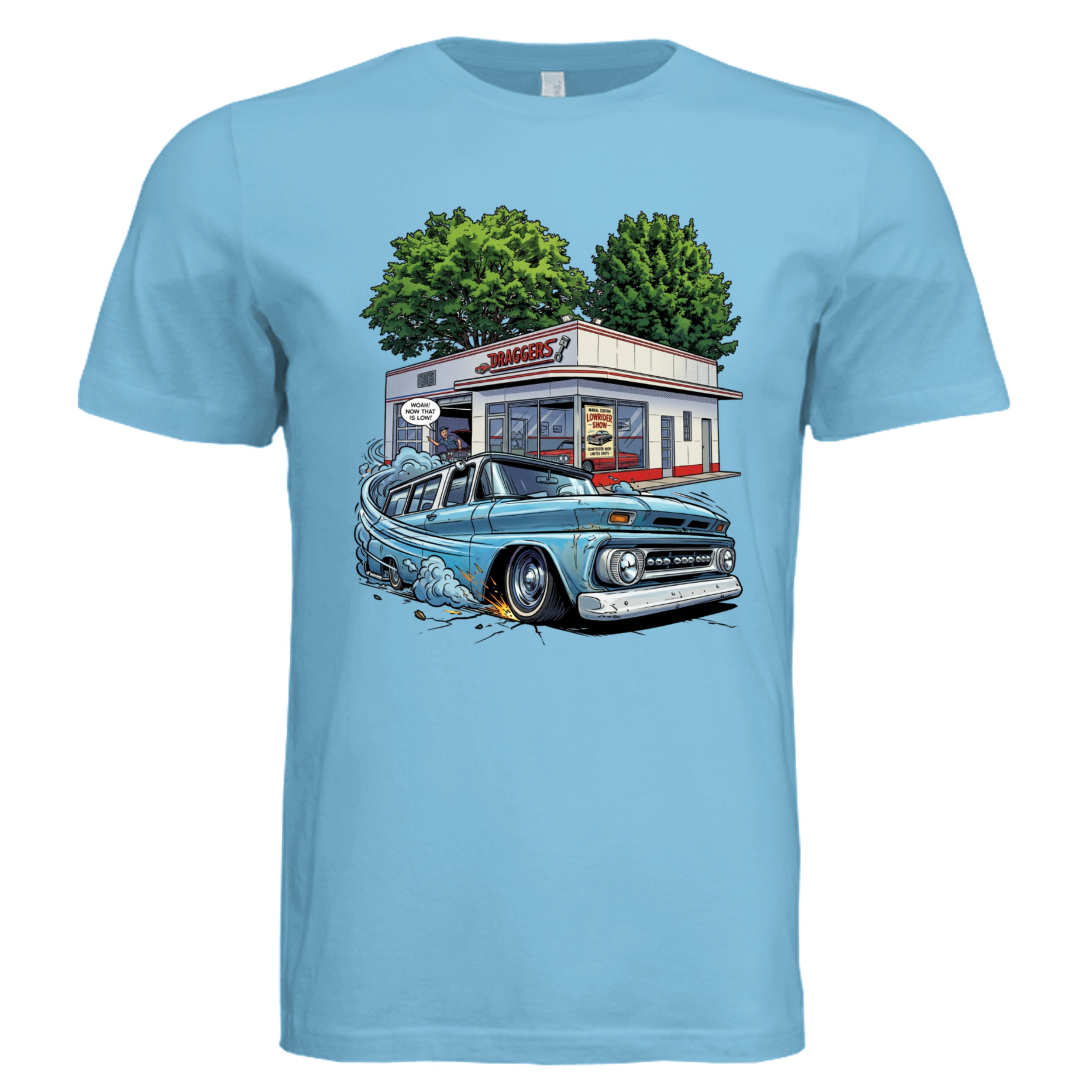 TURQUOISE - 3001C - FRONT- Draggers lowrider comic car lover graphic tee  — Carz collection by Stu Borncat Creations