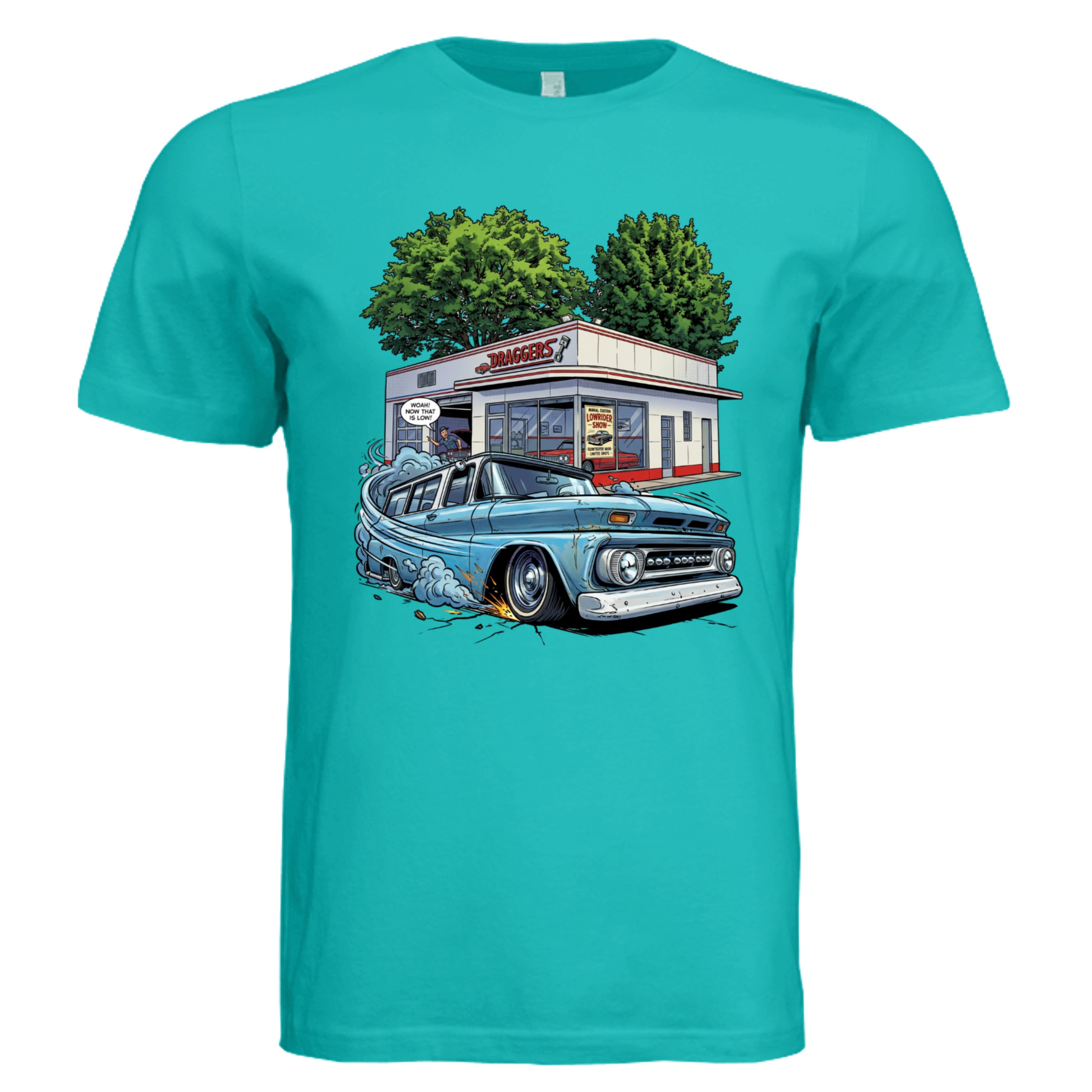 TEAL - 3001C - FRONT- Draggers lowrider comic car lover graphic tee  — Carz collection by Stu Borncat Creations