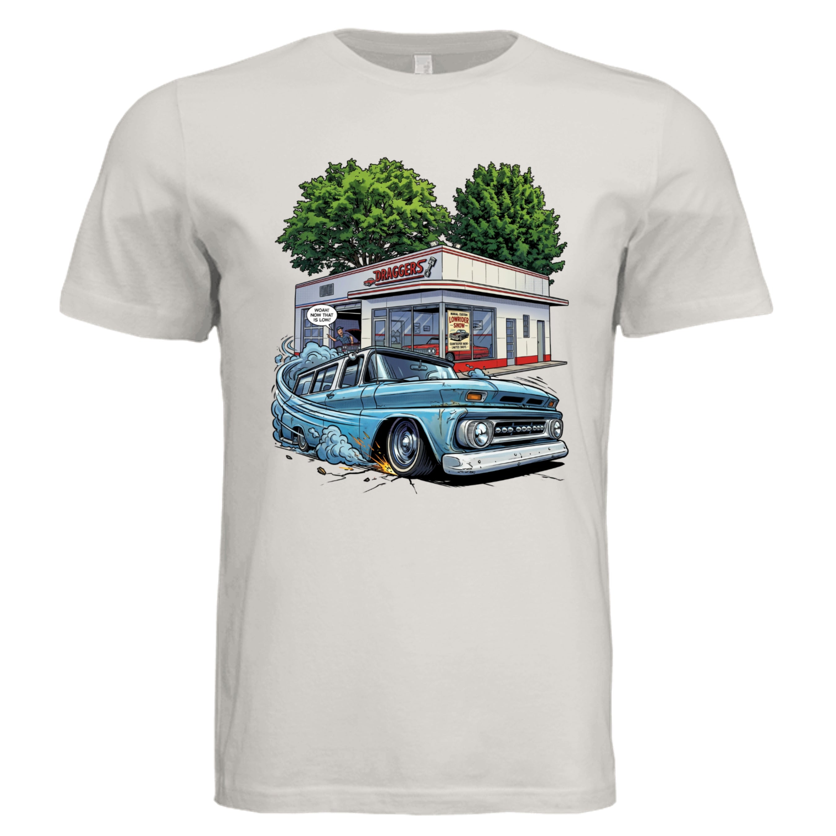 Vintage White - 3001C - FRONT-Draggers lowrider comic car lover graphic tee— Carz collection by Stu Borncat Creations