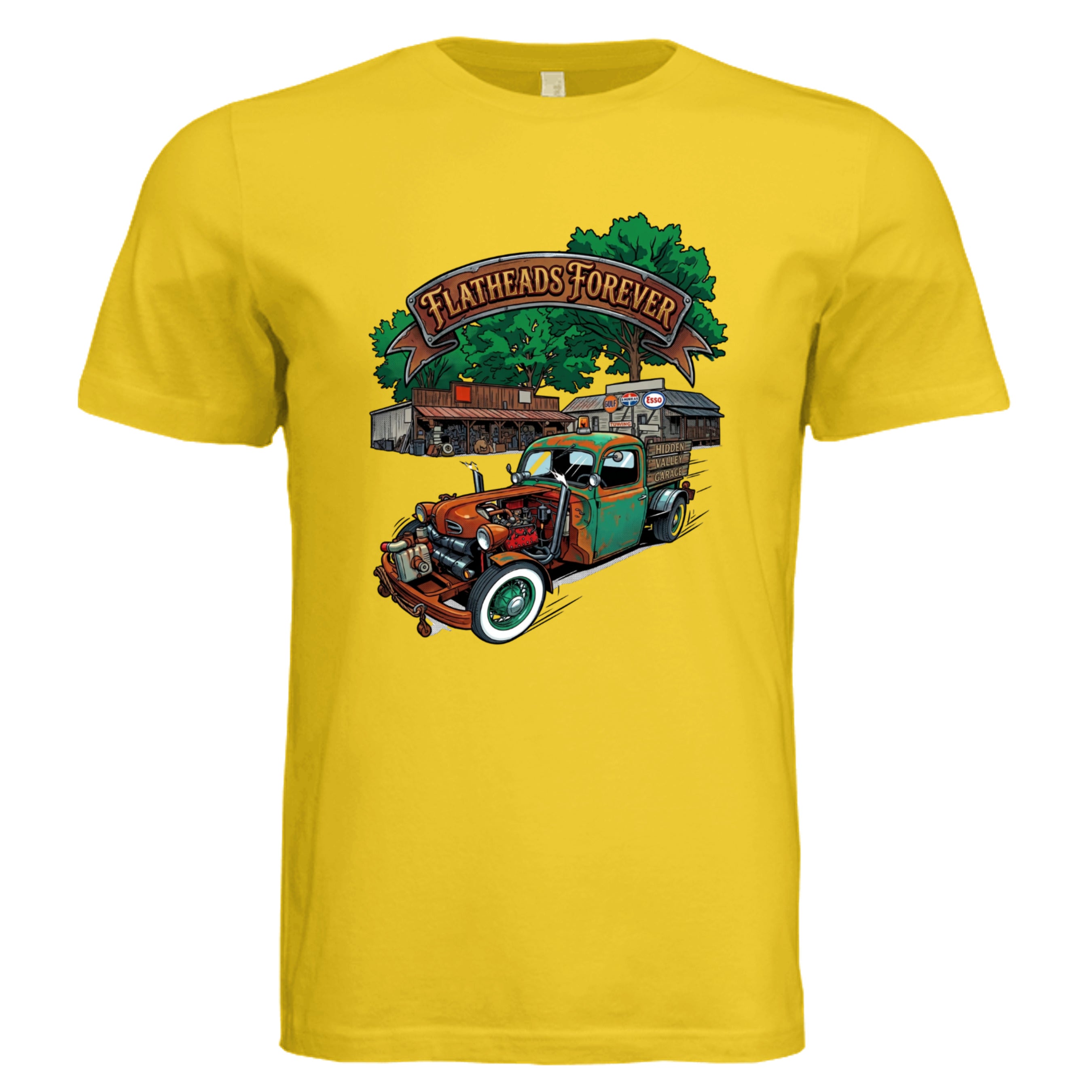 MAIZE YELLOW - 3001C - FRONT-Flatheads Forever comic trucker graphic tee — Carz collection by Stu Borncat Creations
