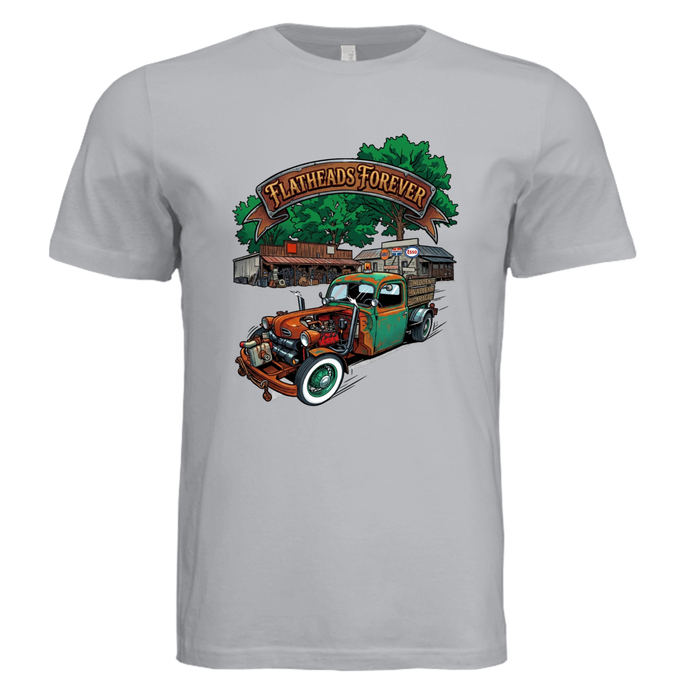 Solid Athletic Grey - 3001C - FRONT-Flatheads Forever comic trucker graphic tee — Carz collection by Stu Borncat Creations