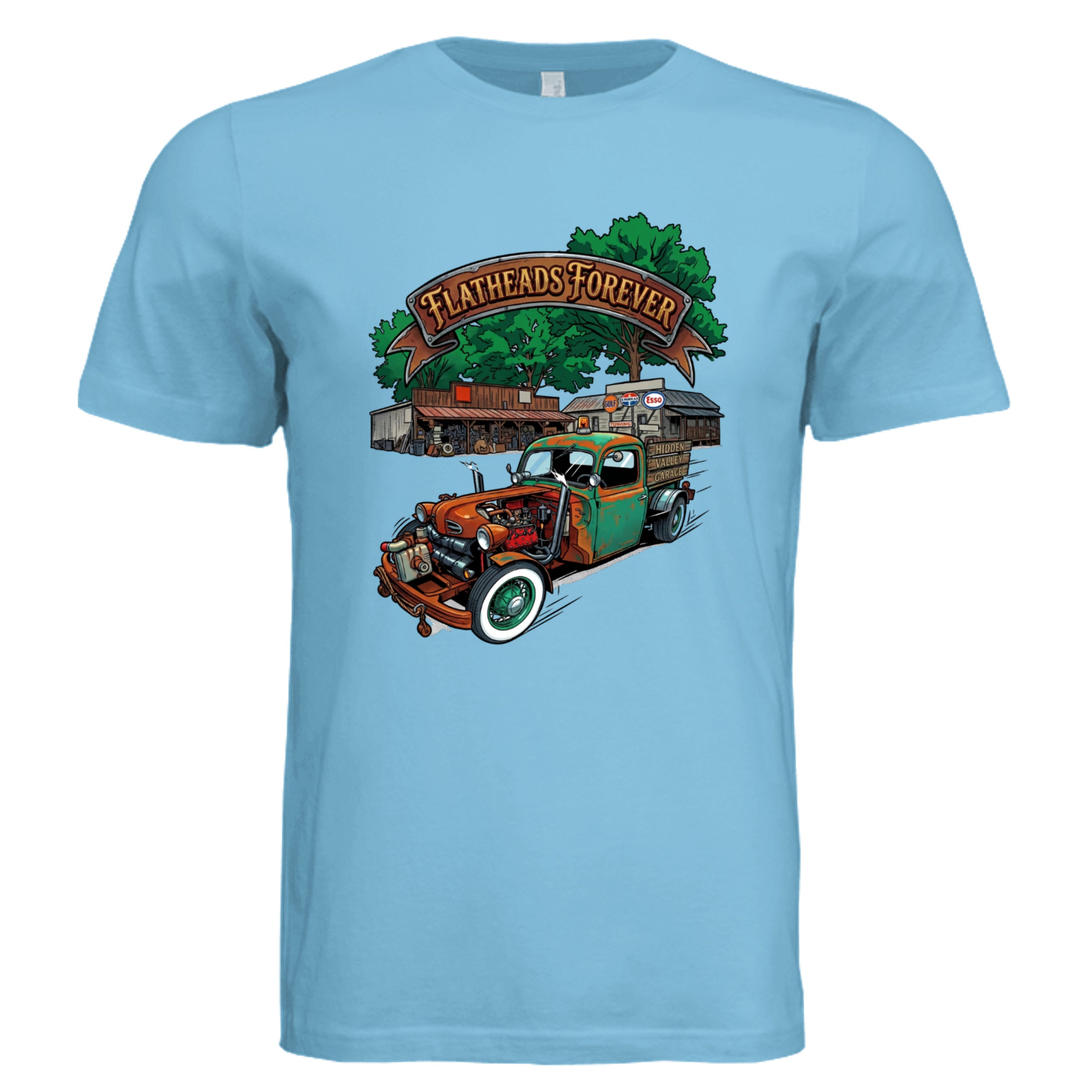 TURQUOISE - 3001C - FRONT-Flatheads Forever comic trucker graphic tee — Carz collection by Stu Borncat Creations