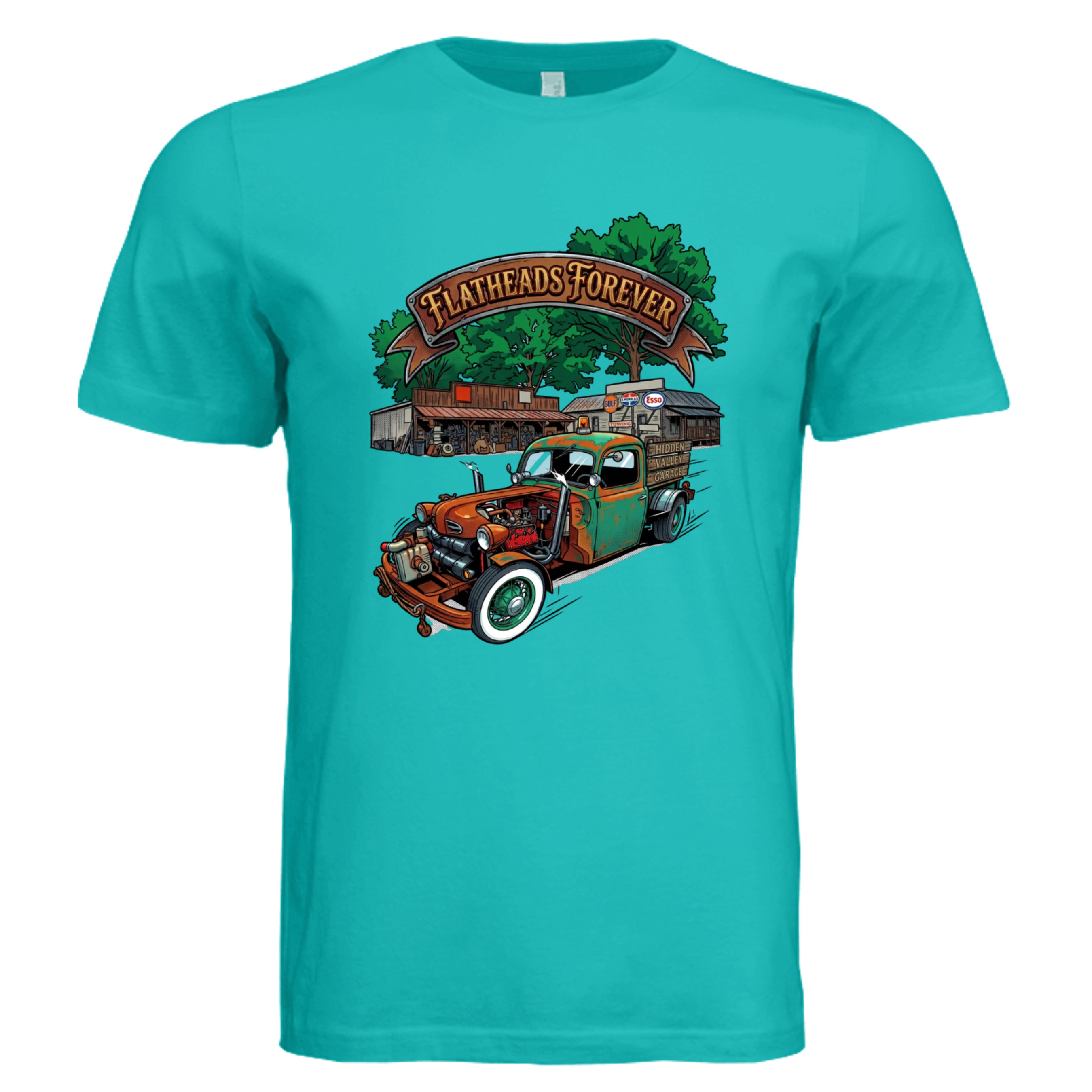 TEAL - 3001C - FRONT-Flatheads Forever comic trucker graphic tee — Carz collection by Stu Borncat Creations