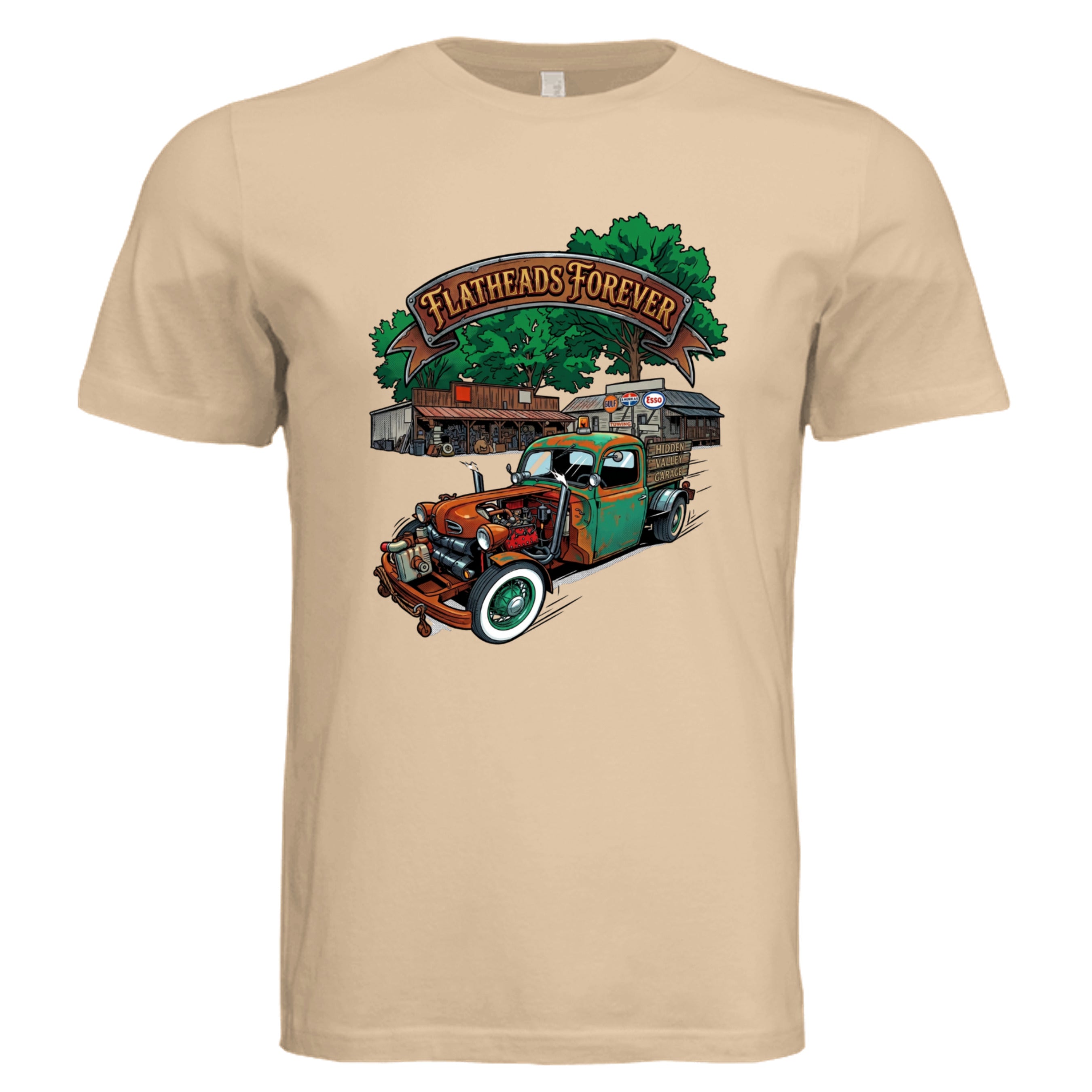 Sand Dune - 3001C - FRONT-Flatheads Forever comic trucker graphic tee — Carz collection by Stu Borncat Creations-