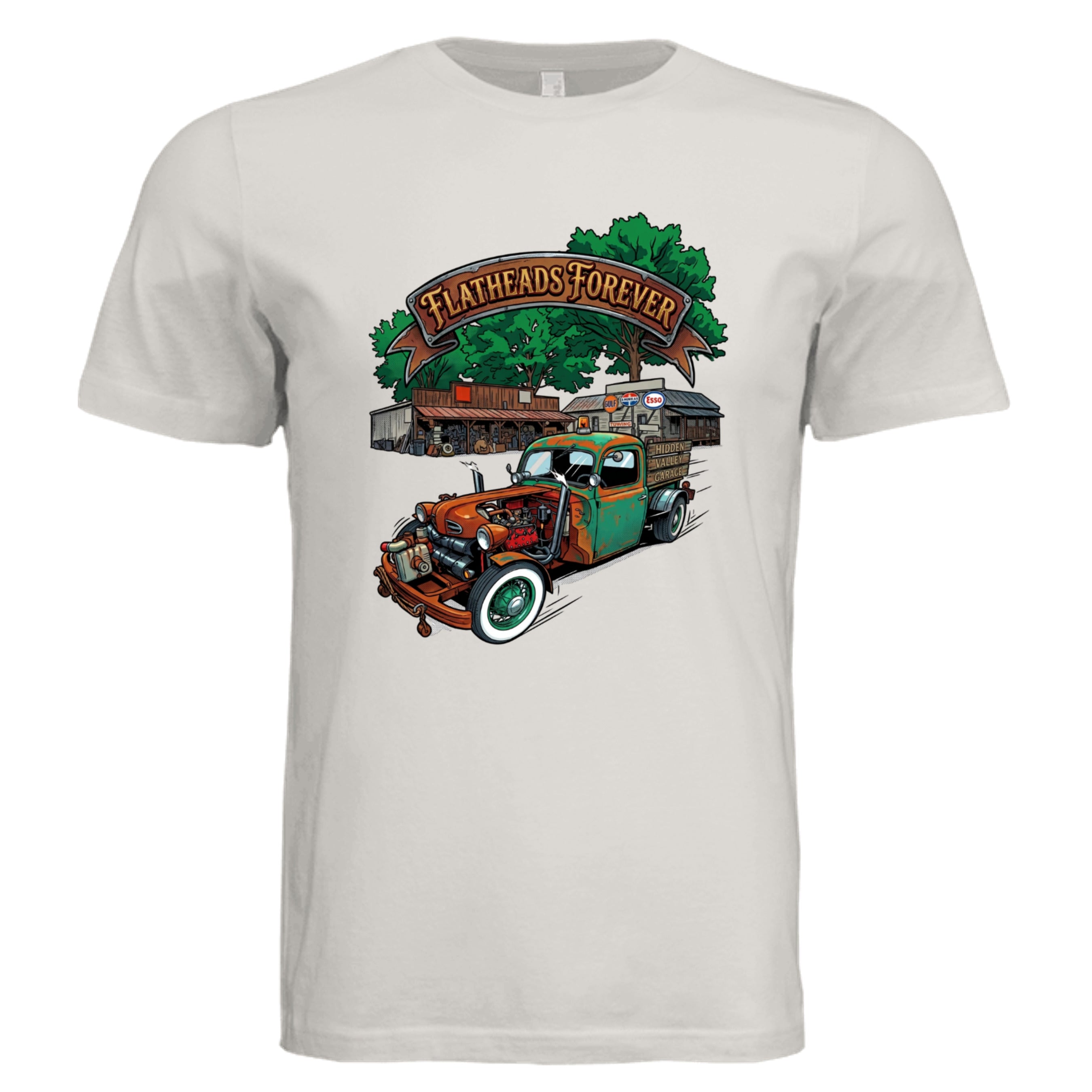 Vintage White - 3001C - FRONT-Flatheads Forever comic trucker graphic tee — Carz collection by Stu Borncat Creations