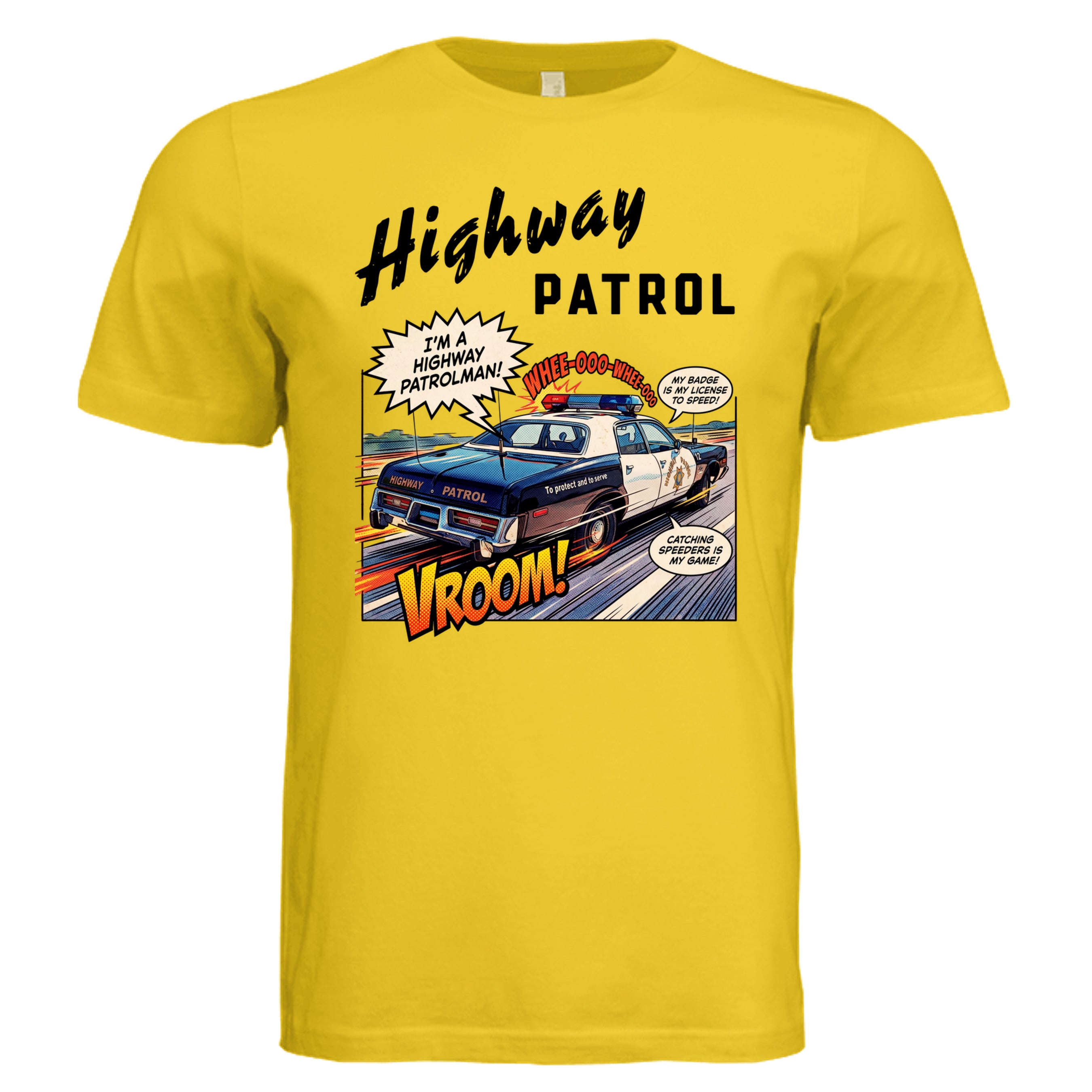 MAIZE YELLOW - 3001C - FRONT- Highway Patrol comic car lover graphic tee— Carz collection by Stu Borncat Creations-