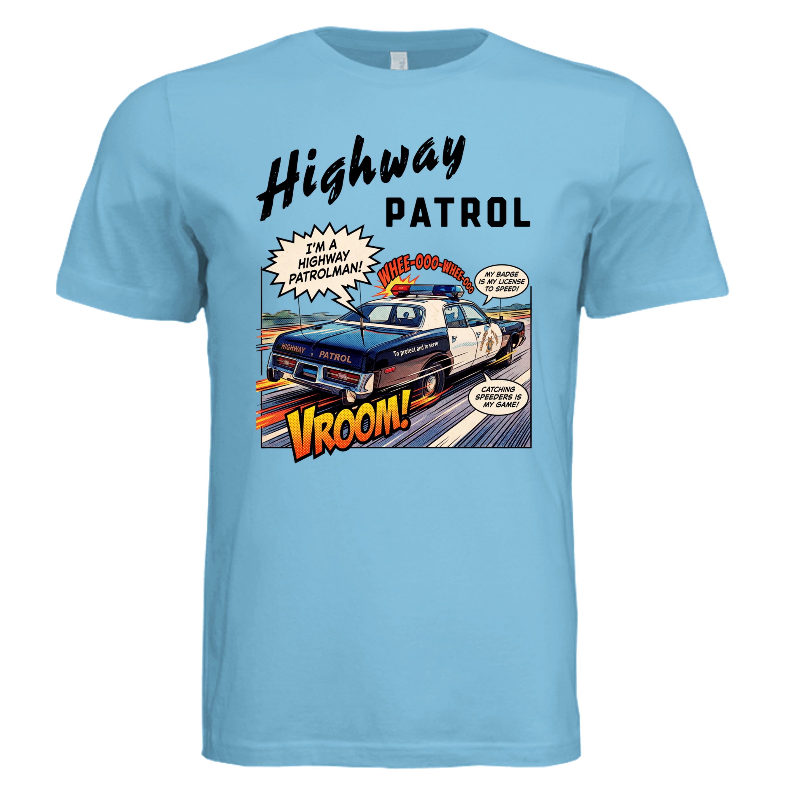 TURQUOISE - 3001C - FRONT- Highway Patrol comic car lover graphic tee— Carz collection by Stu Borncat Creations-