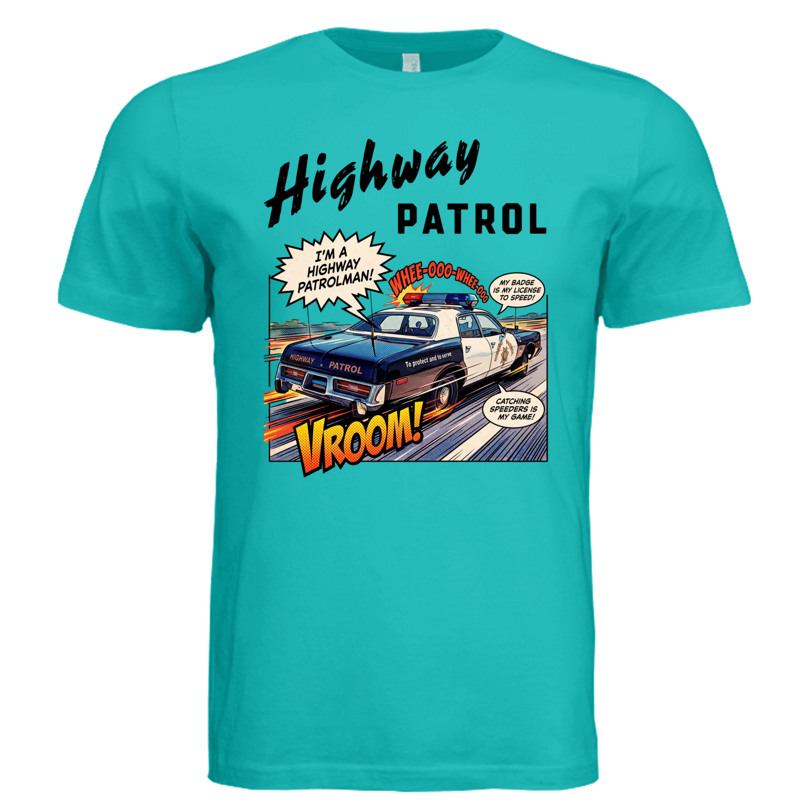 TEAL - 3001C - FRONT Highway Patrol comic car lover graphic tee— Carz collection by Stu Borncat Creations-