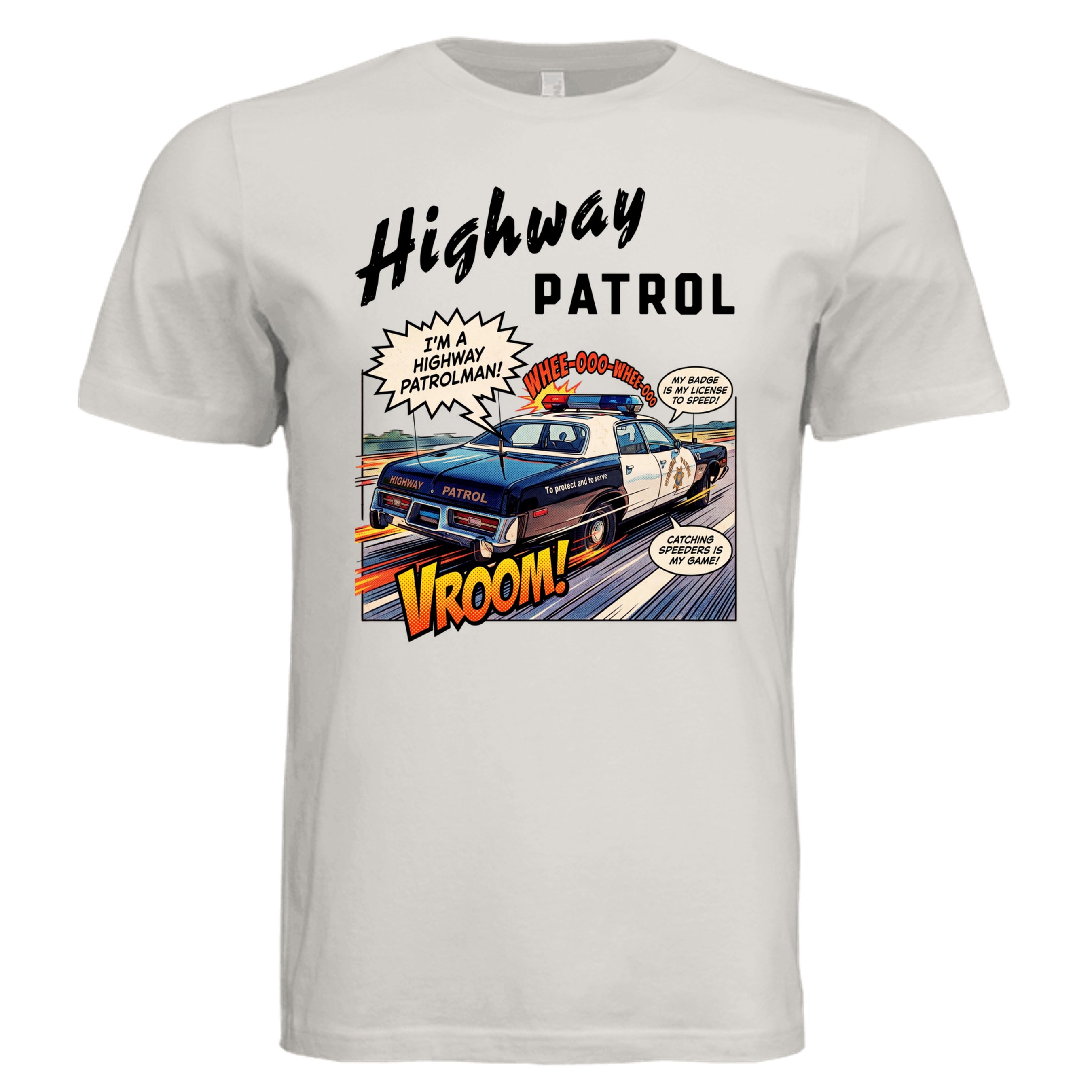 Vintage White - 3001C - FRONT- Highway Patrol comic car lover graphic tee— Carz collection by Stu Borncat Creations-