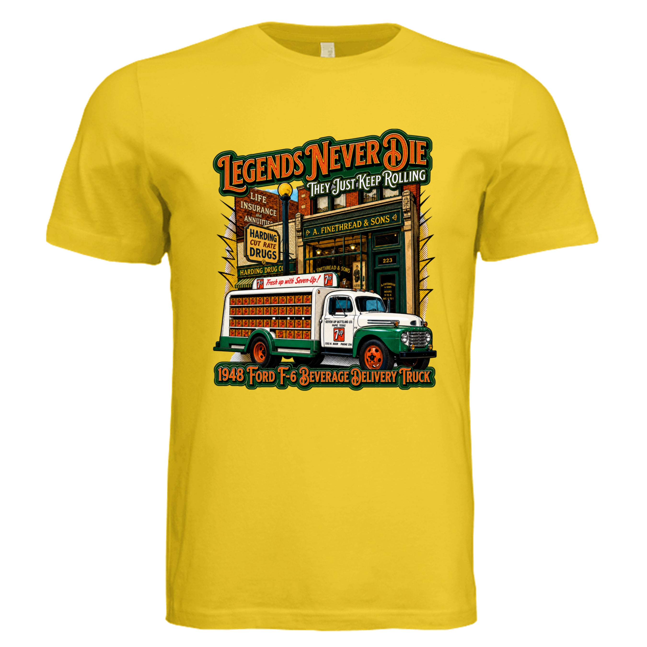 MAIZE YELLOW - 3001C - FRONT-Legends Never Die comic trucker graphic tee— Carz collection by Stu Borncat Creations