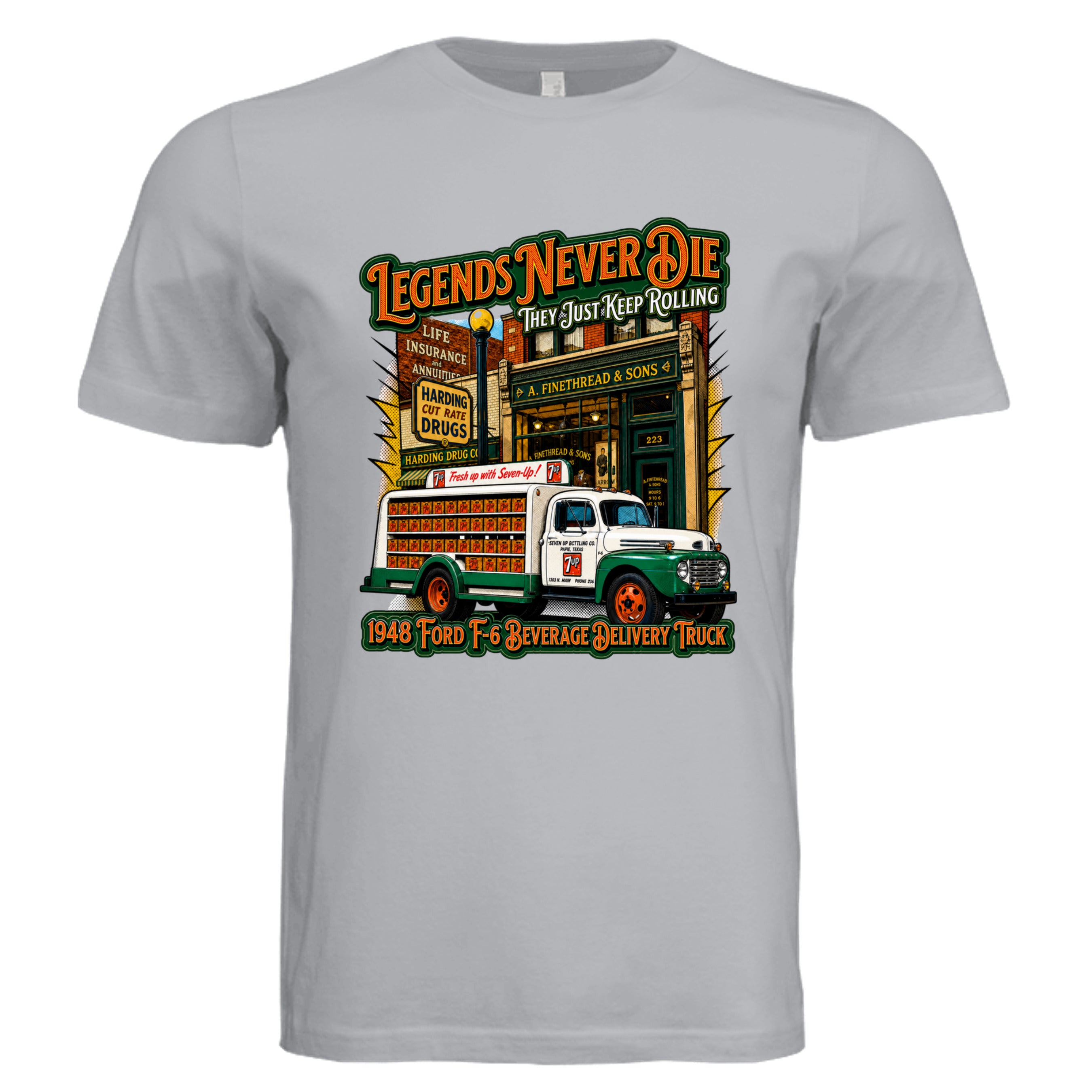 Solid Athletic Grey - 3001C - FRONT-Legends Never Die comic trucker graphic tee— Carz collection by Stu Borncat Creations