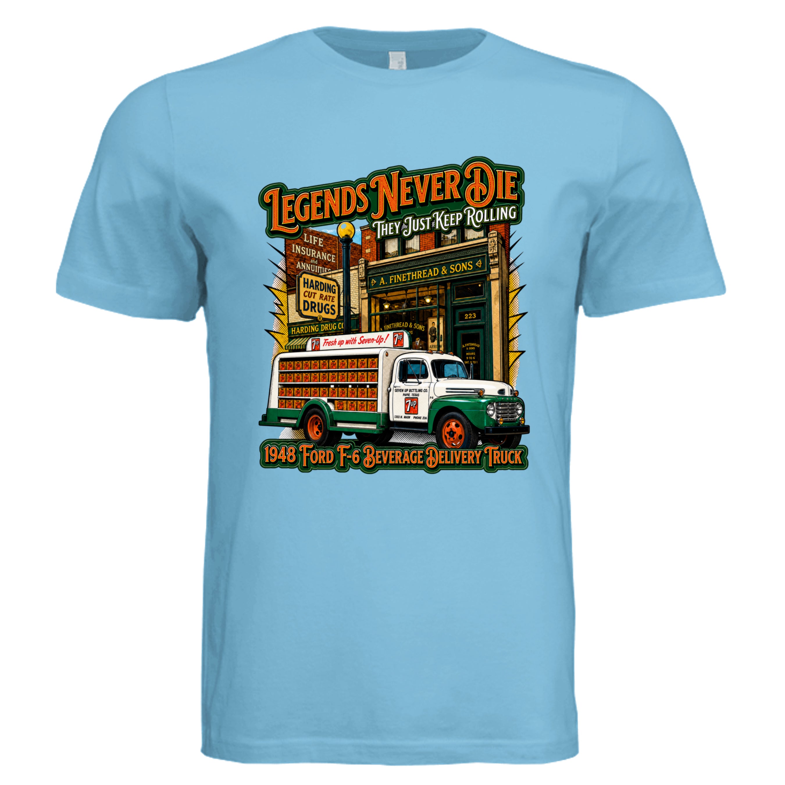 TURQUOISE - 3001C - FRONT-Legends Never Die comic trucker graphic tee— Carz collection by Stu Borncat Creations