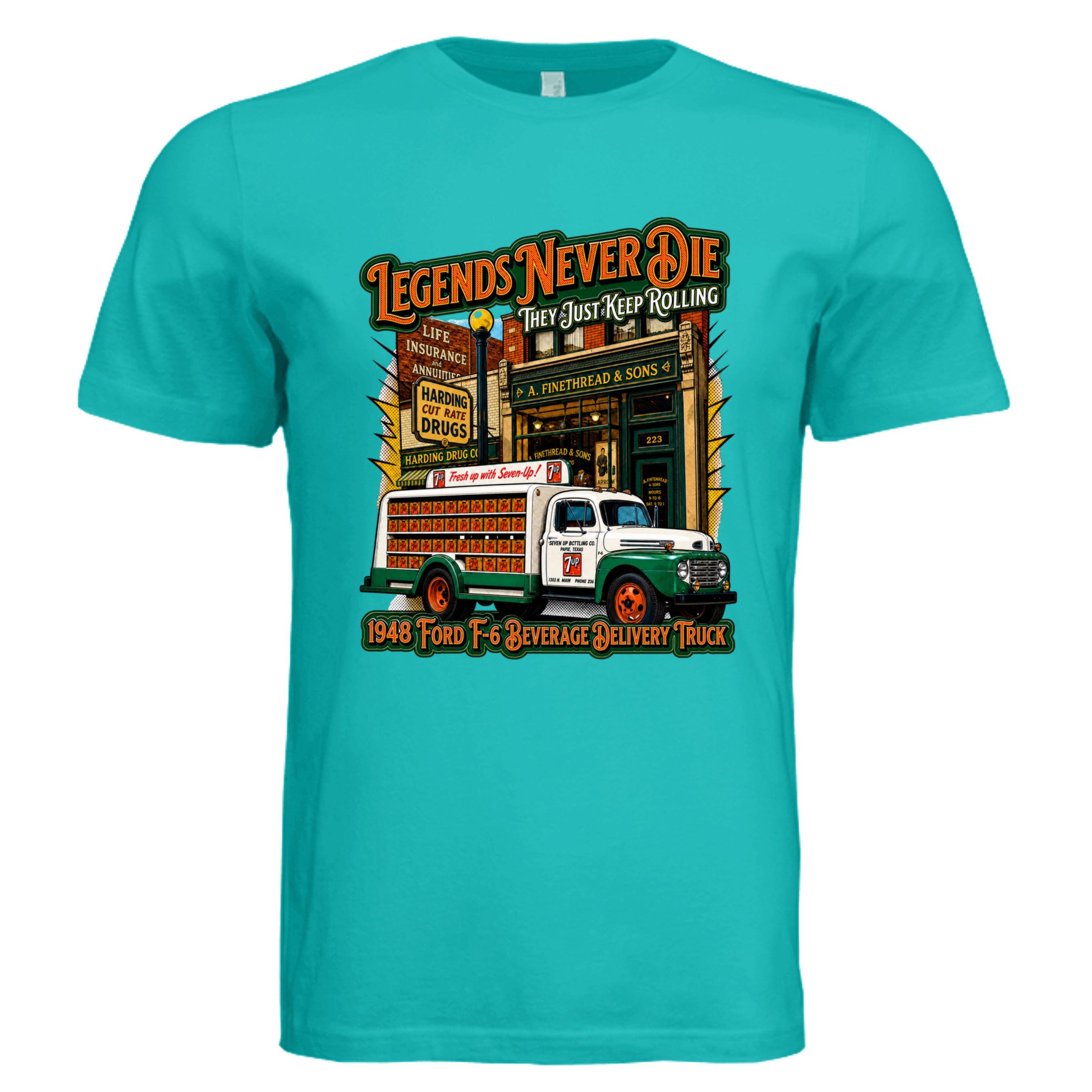 TEAL - 3001C - FRONT-Legends Never Die comic trucker graphic tee— Carz collection by Stu Borncat Creations