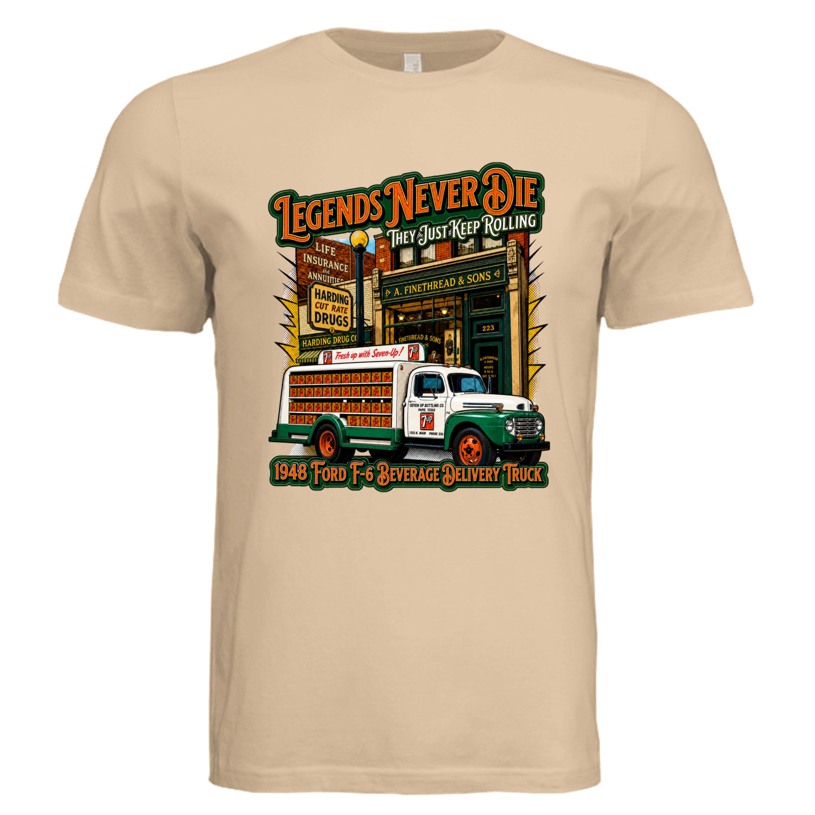 Sand Dune - 3001C - FRONT-Legends Never Die comic trucker graphic tee— Carz collection by Stu Borncat Creations