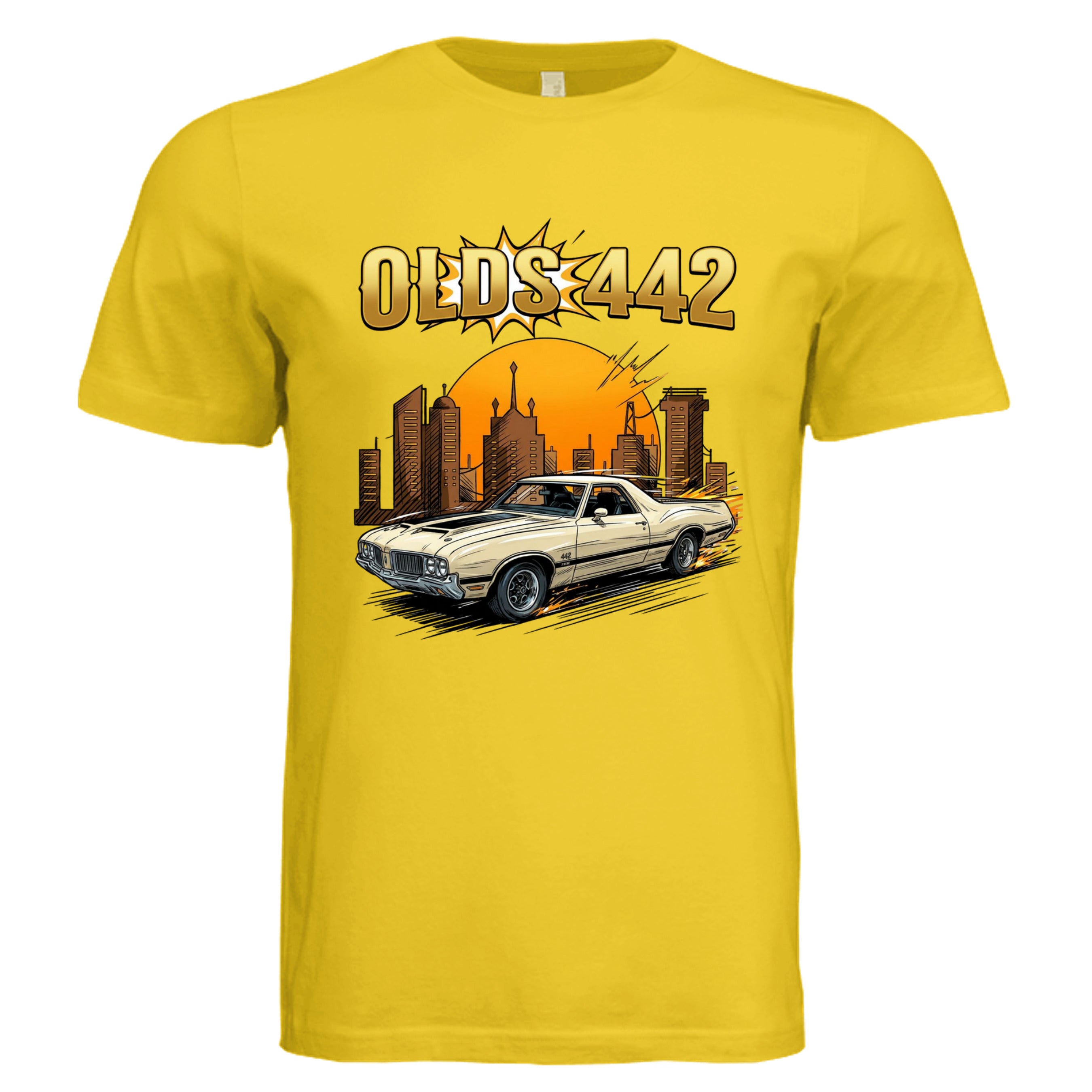 MAIZE YELLOW - 3001C - FRONT-Oldsmobile 442 comic car lover graphic tee— Carz collection by Stu Borncat Creations
