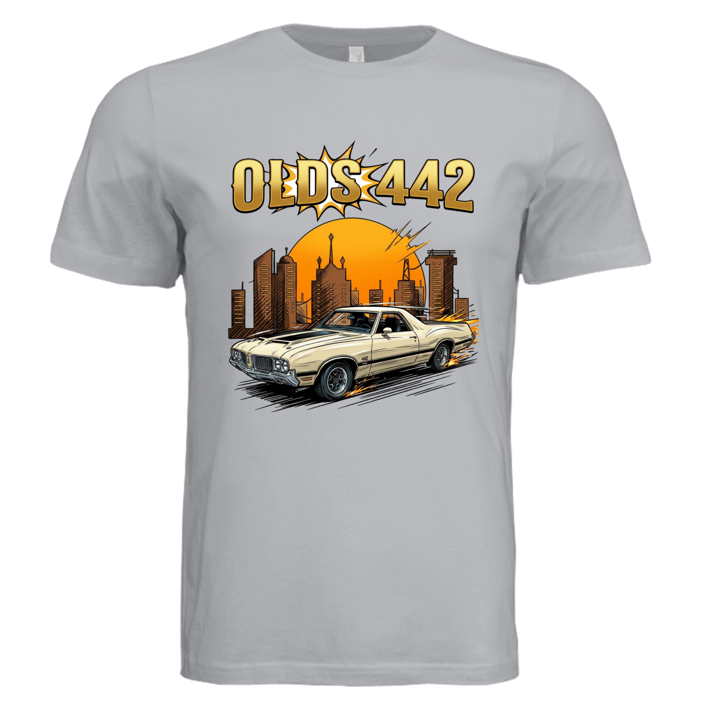 Solid Athletic Grey - 3001C - FRONT-Oldsmobile 442 comic car lover graphic tee— Carz collection by Stu Borncat Creations